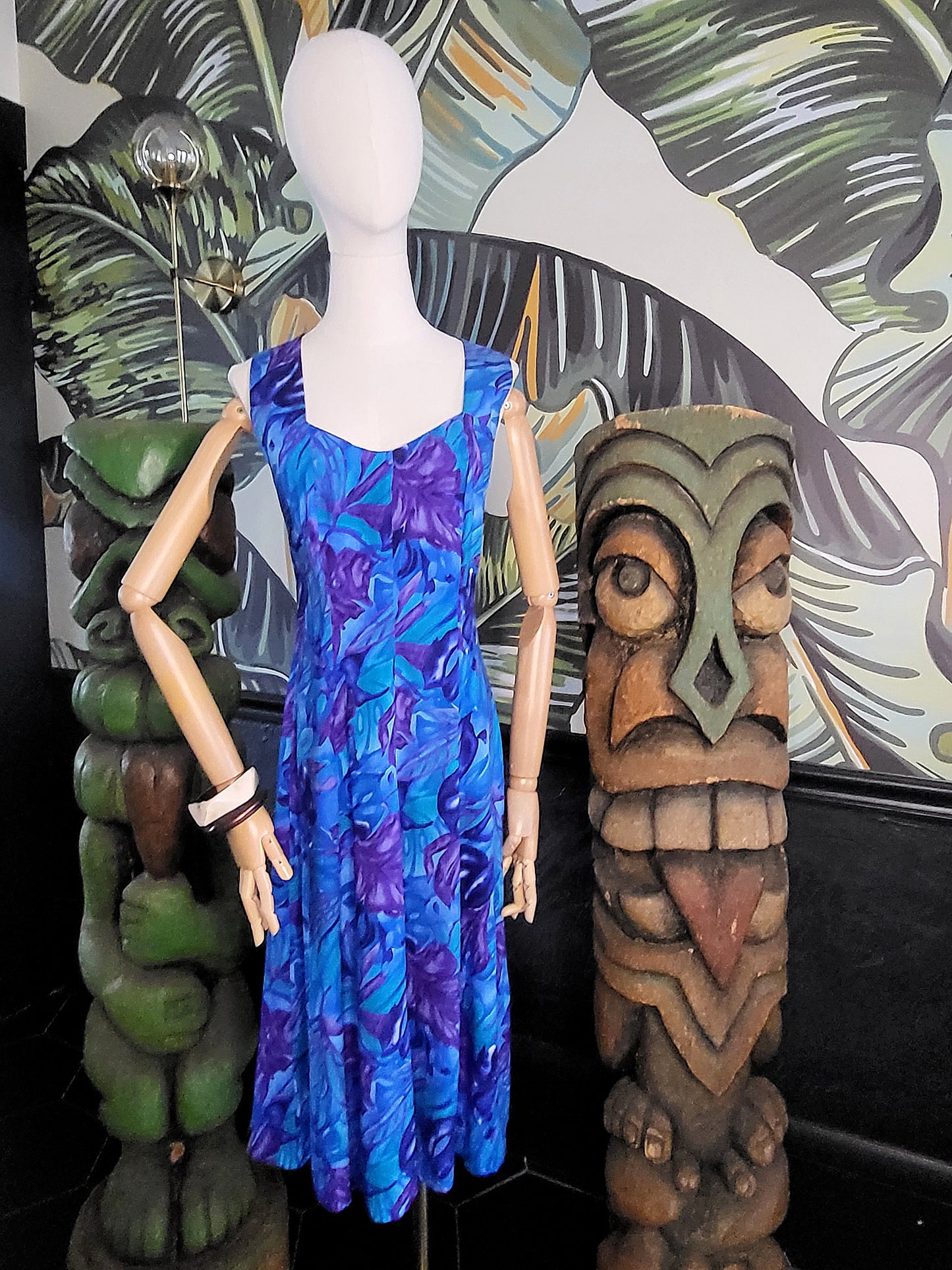 SOLD - Vintage "All That Jazz" Tropical Leaf Print Sun Dress - Blue/Purple