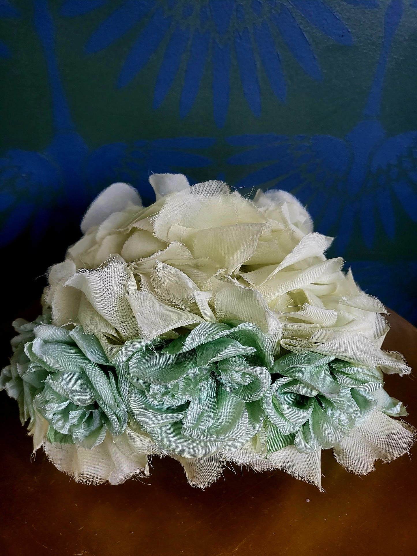 HAT2 - Vintage 1950s-1960s Pale Green Chiffon Flower and Petal Juliet Cap