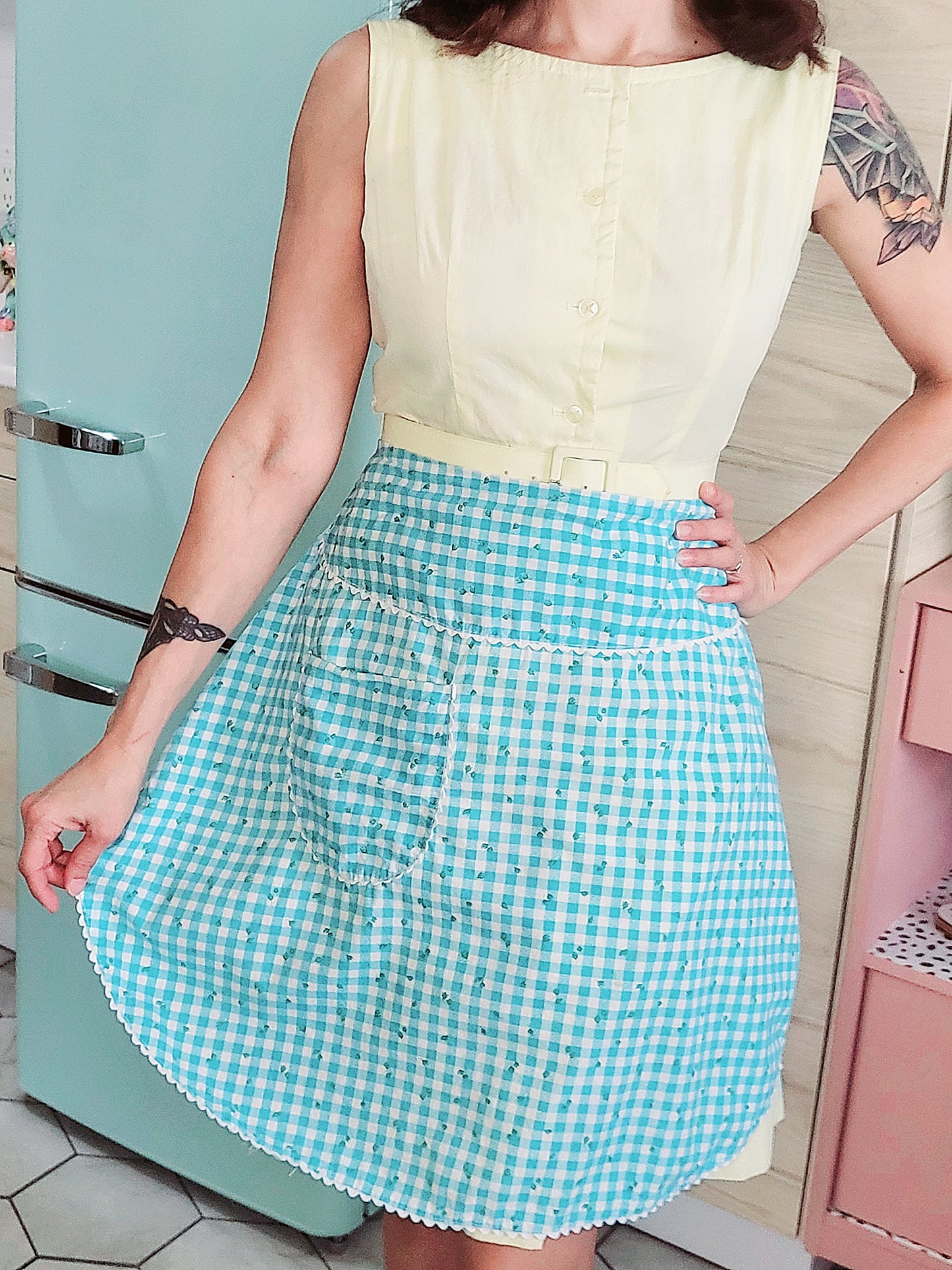 SOLD - Vintage Blue Floral Gingham Half Apron