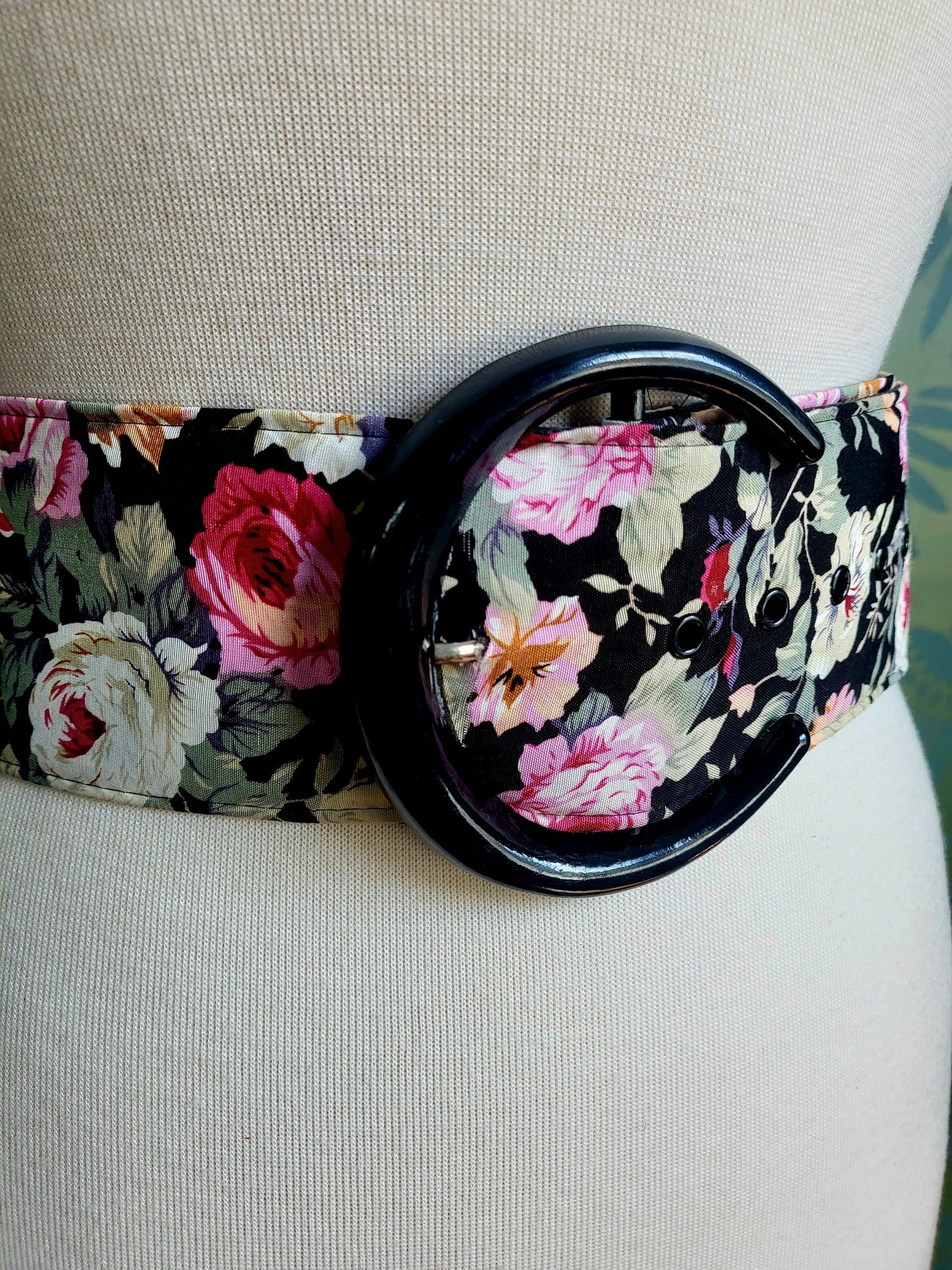 Dark Floral Wide Belt with Black Horseshoe Buckle