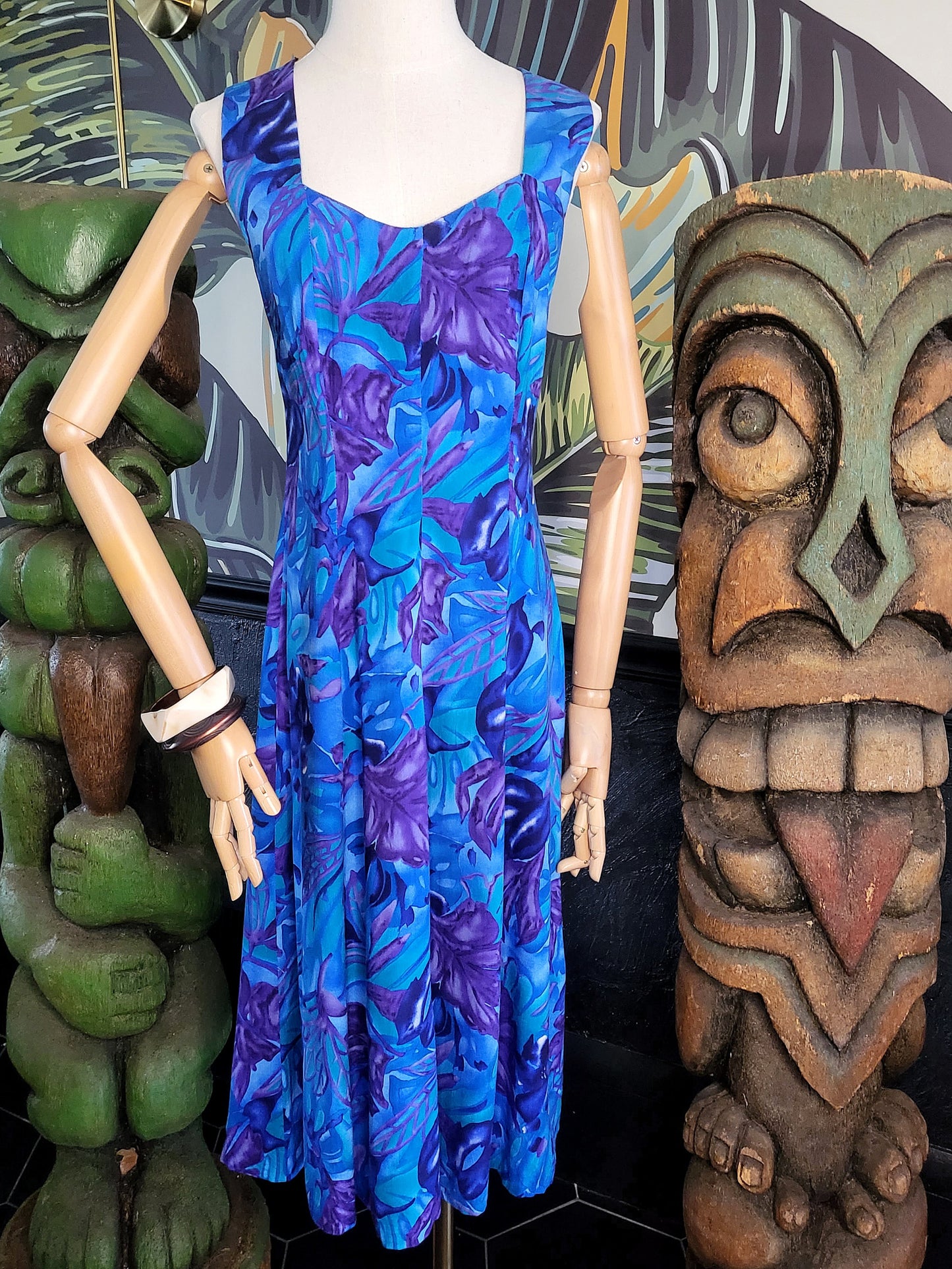 SOLD - Vintage "All That Jazz" Tropical Leaf Print Sun Dress - Blue/Purple