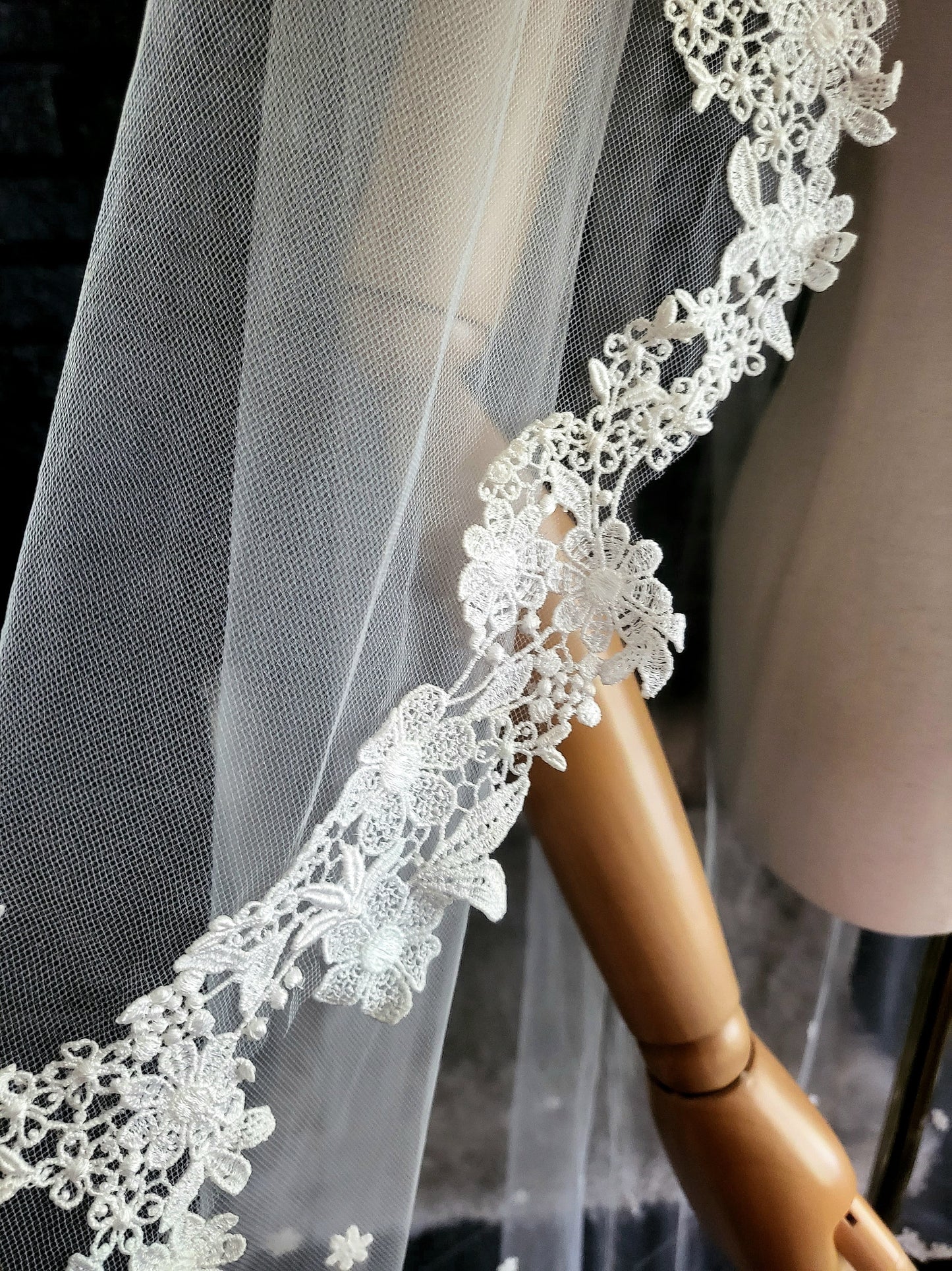 SOLD - Vintage White Lace on Tulle Long Veil