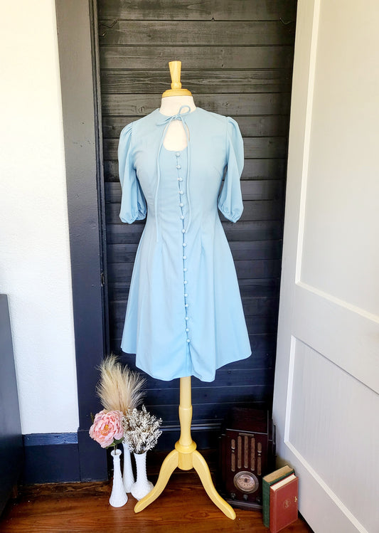 Vintage Style Button Front Keyhole A-line Dress-Pale Blue