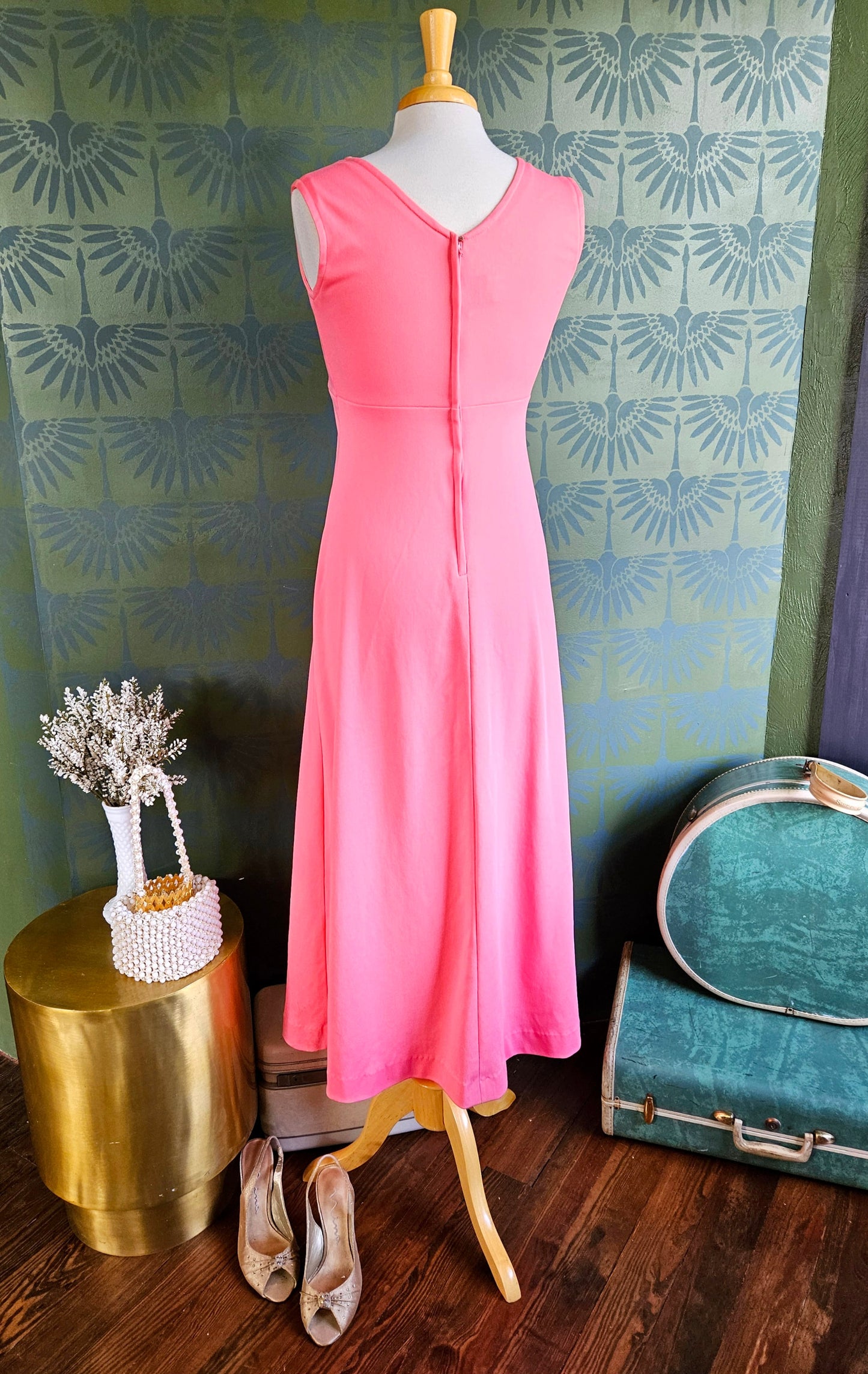 STYLE 1041 - Vintage 1970's "Changes" Pink Maxi Dress with Matching Pink Chiffon Cape