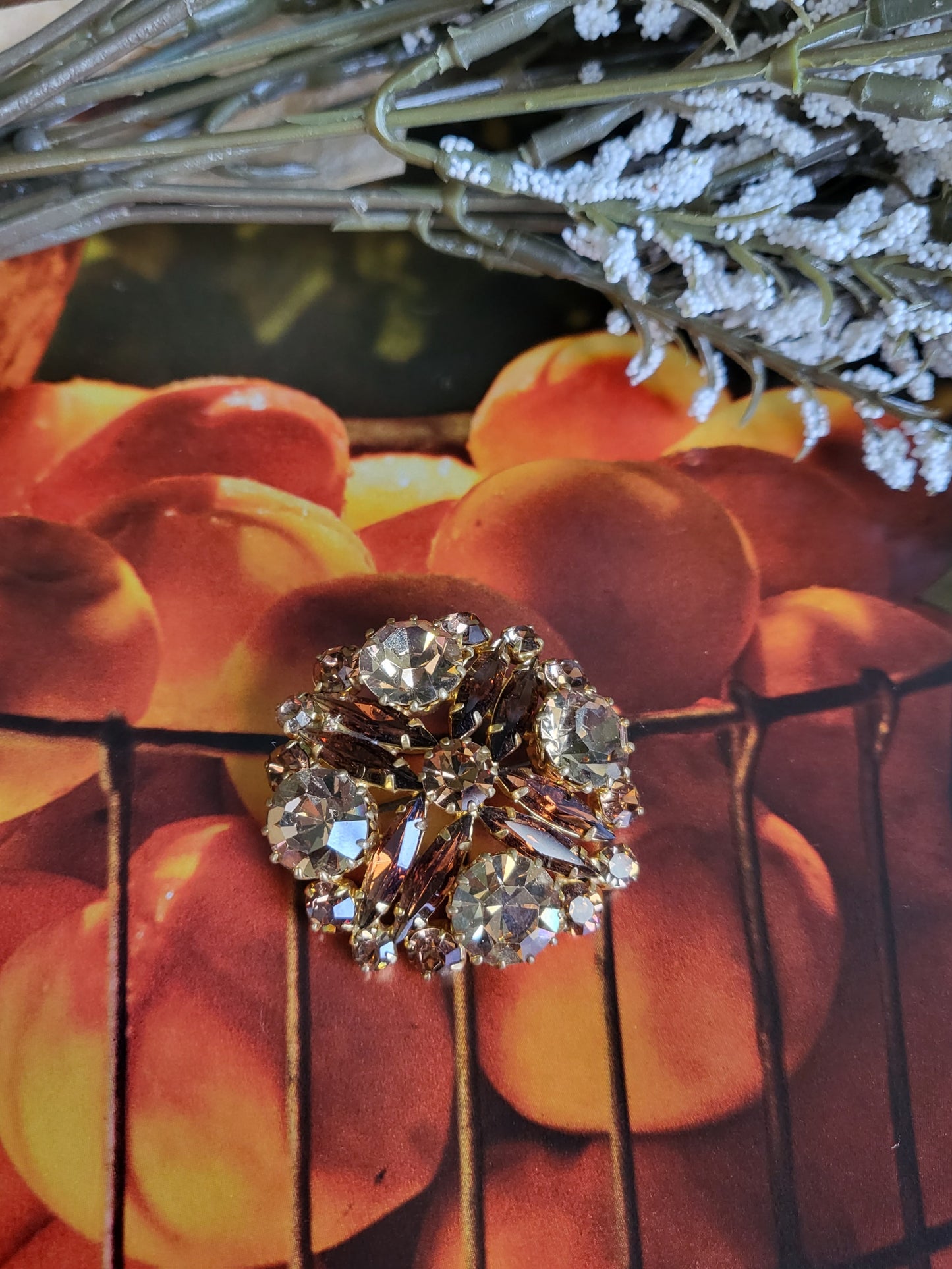 SOLD - Vintage 1950's-1960's Amber & Yellow Rhinestone Brooch