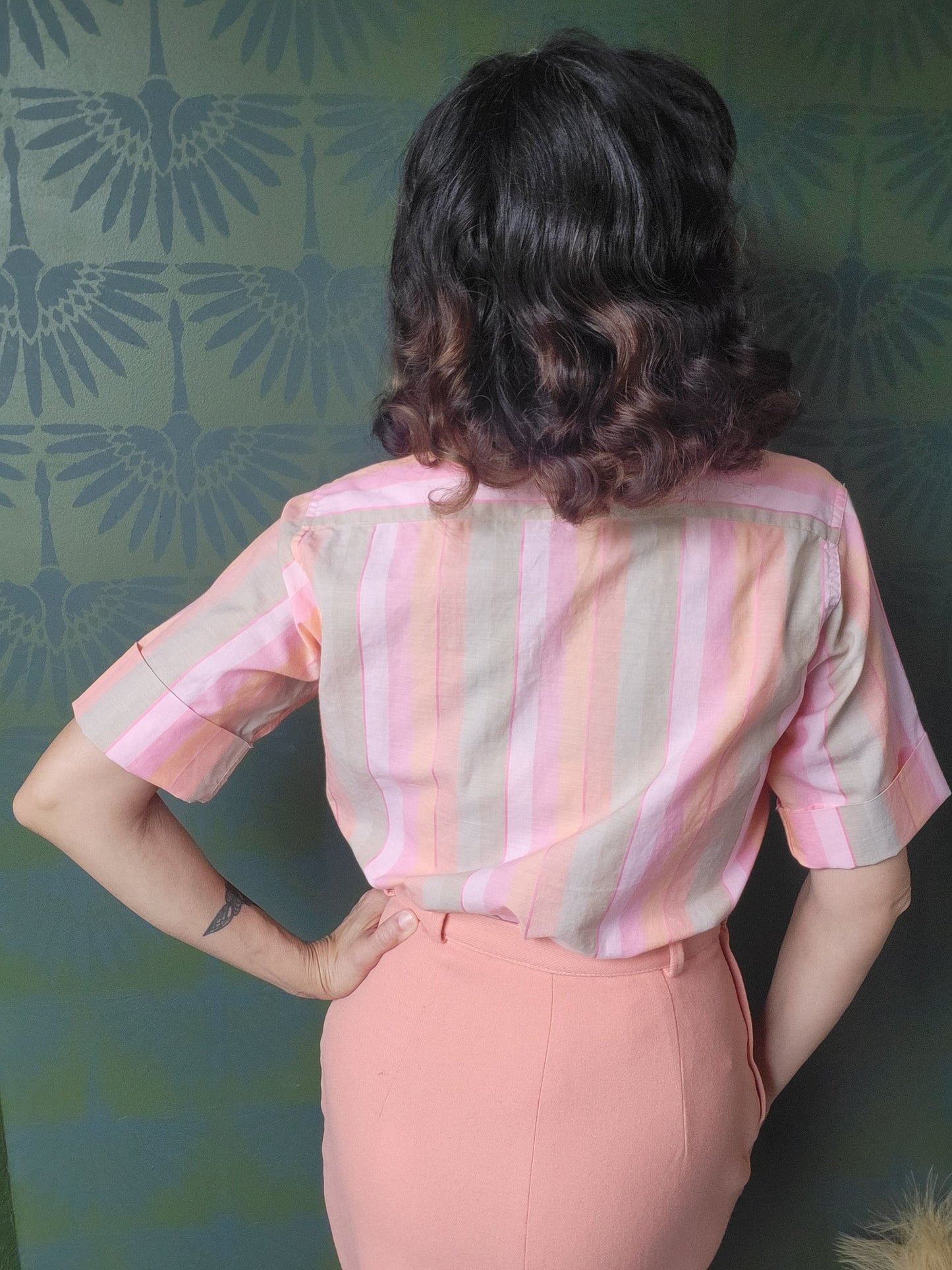 SOLD - Vintage 1950's-1960's Blousemaker by Arrow Striped Cotton Blouse - Pink/Peach