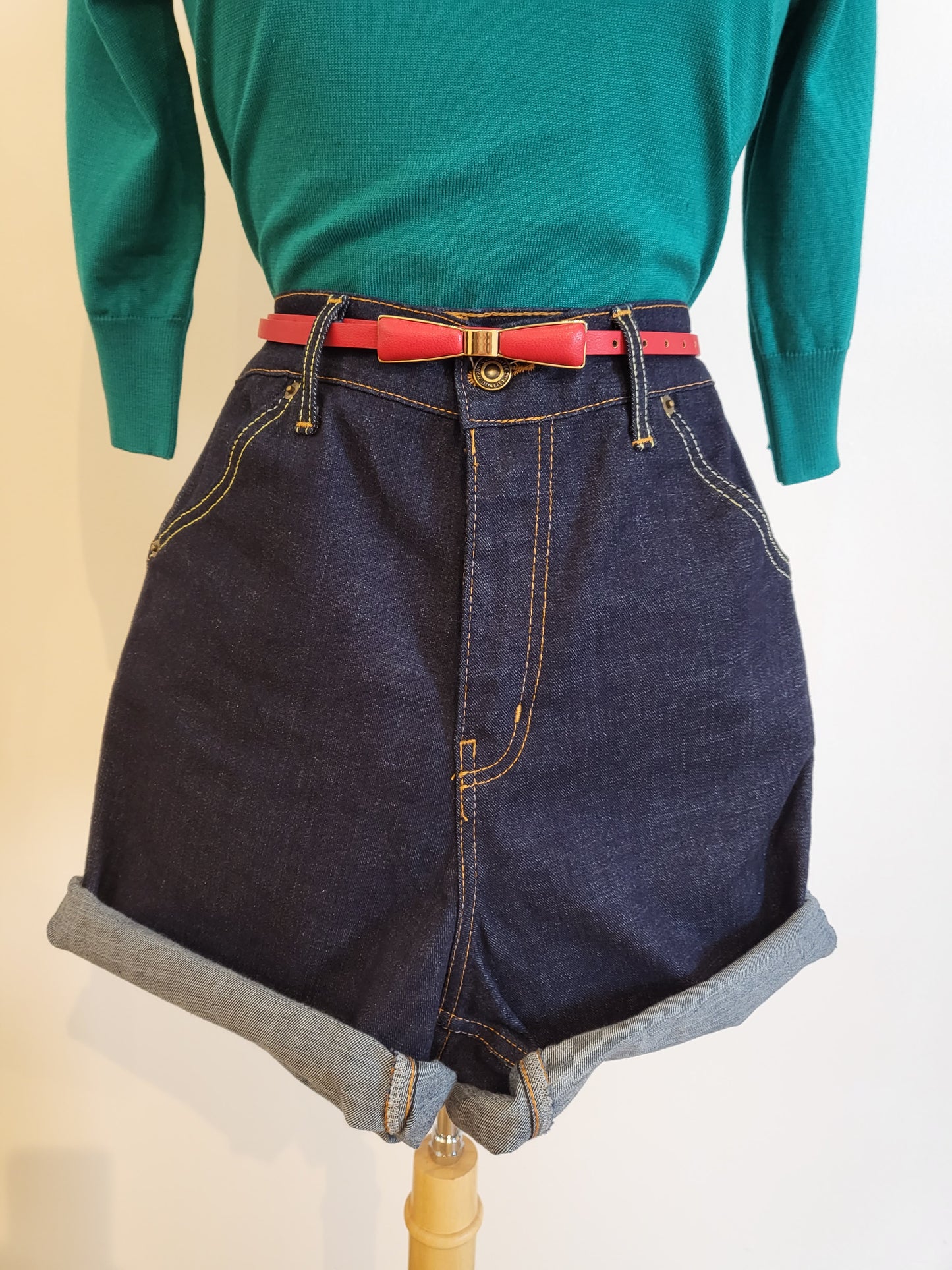 High Waisted Denim Shorts-Blue Pocket Stitching