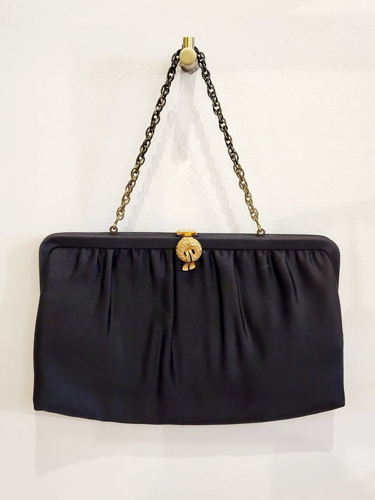 SOLD - Vintage Black Satin Evening Bag Clutch with Wreath Clasp and Chain