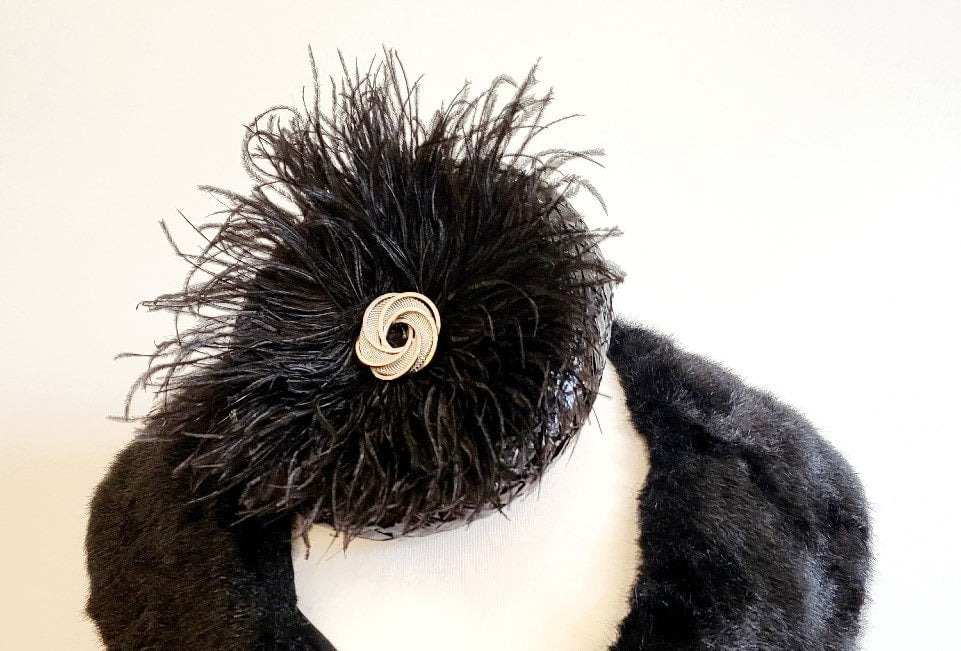 SOLD - Vintage Black Woven Fascinator Hat with Feathers