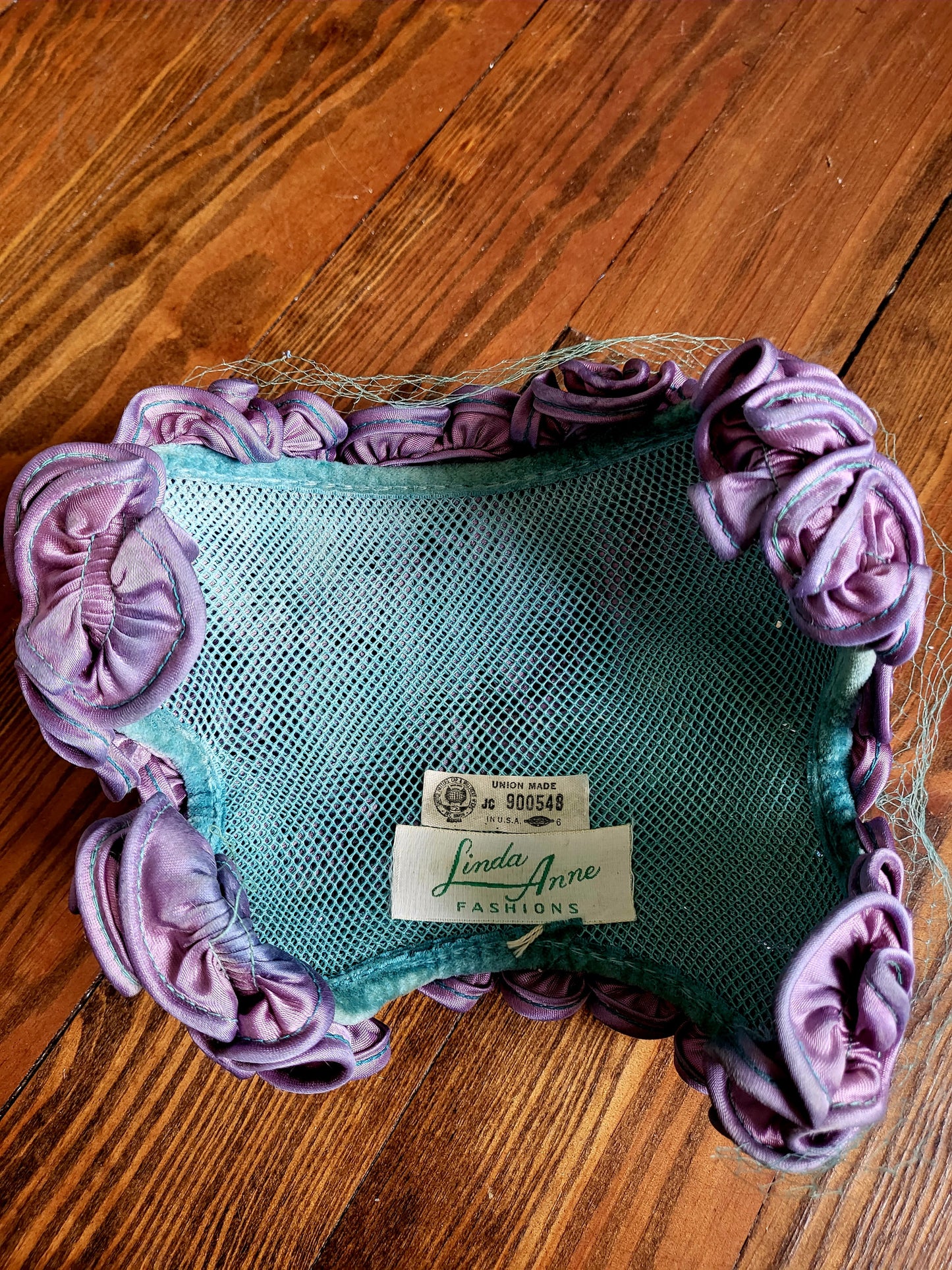 SOLD - Vintage 1950s-1960s Linda Anne Fashions Deep Lilac Rippled Satin Juliet Cap with Teal Birdcage Veil - HAT7