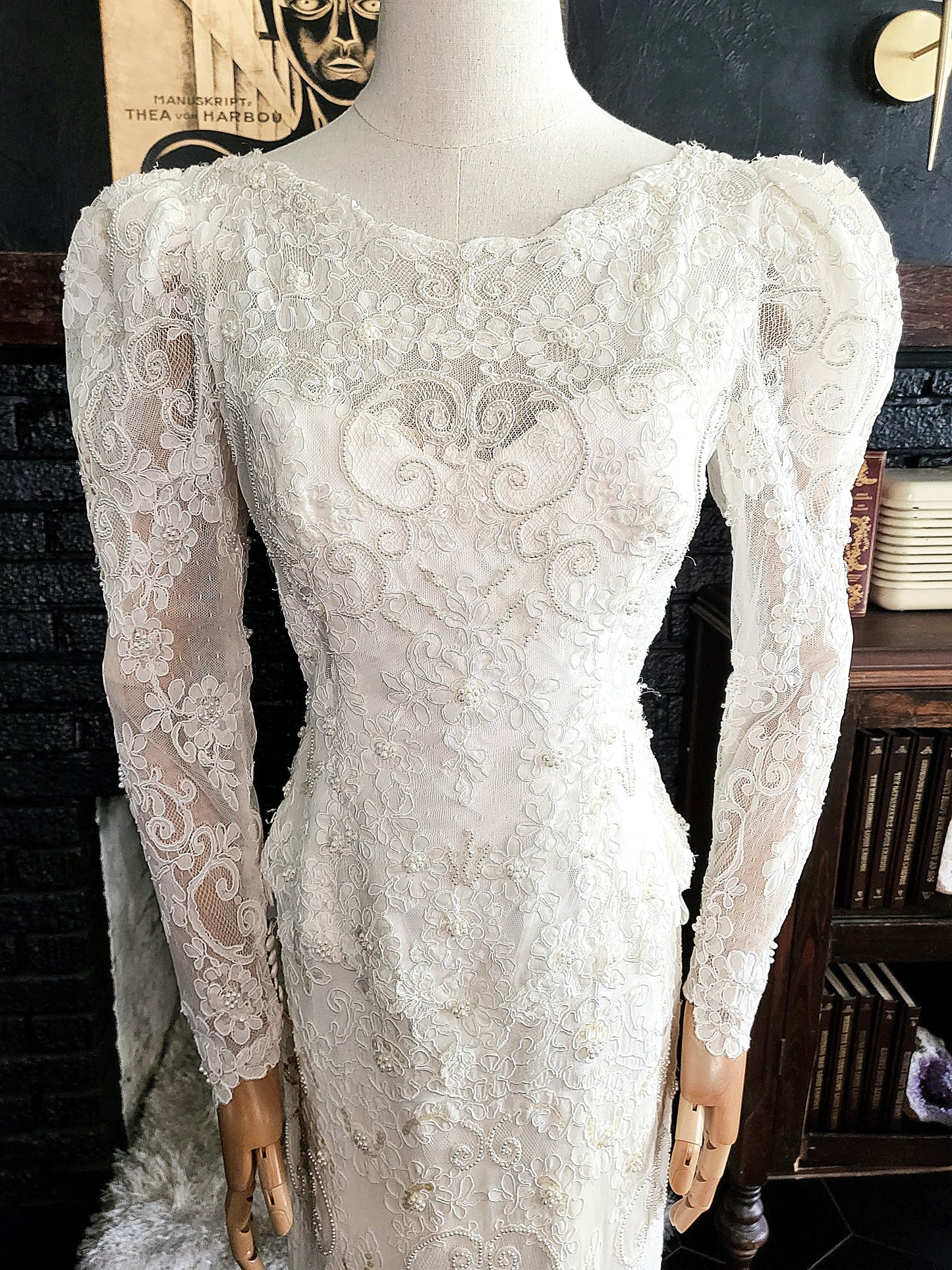 STYLE 1002 - Vintage "1980's Does 1940's" Light Ivory Beaded Lace over Satin Wedding Gown