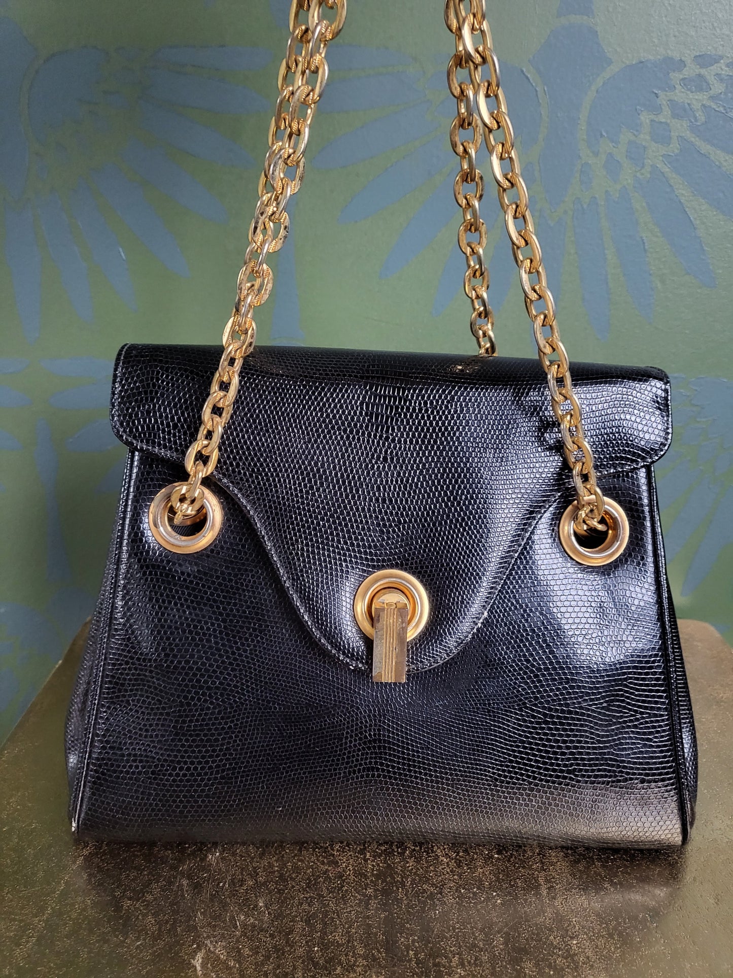 SOLD - Vintage 1950's-1960's Black Reptile Handbag with Golden Chain Handles