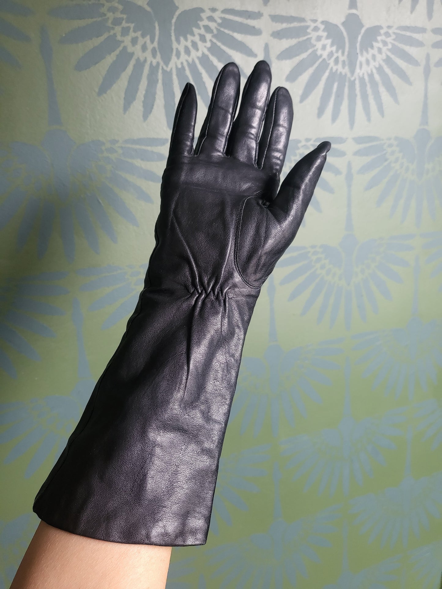 SOLD - Vintage Black Leather Winter Gloves -Flower Dots