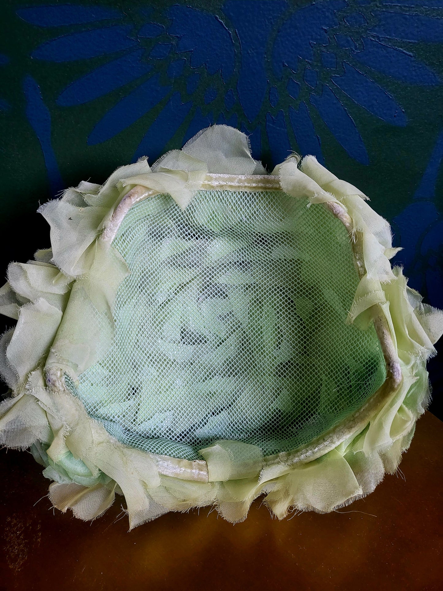 HAT2 - Vintage 1950s-1960s Pale Green Chiffon Flower and Petal Juliet Cap