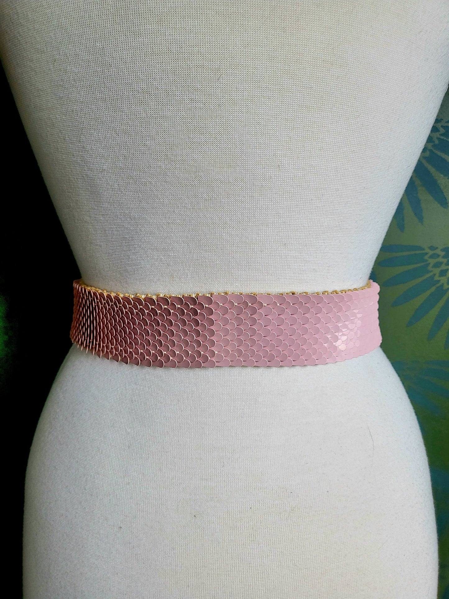 SOLD - Vintage Pale Pink Scales Elastic Belt with Large Golden Buckle