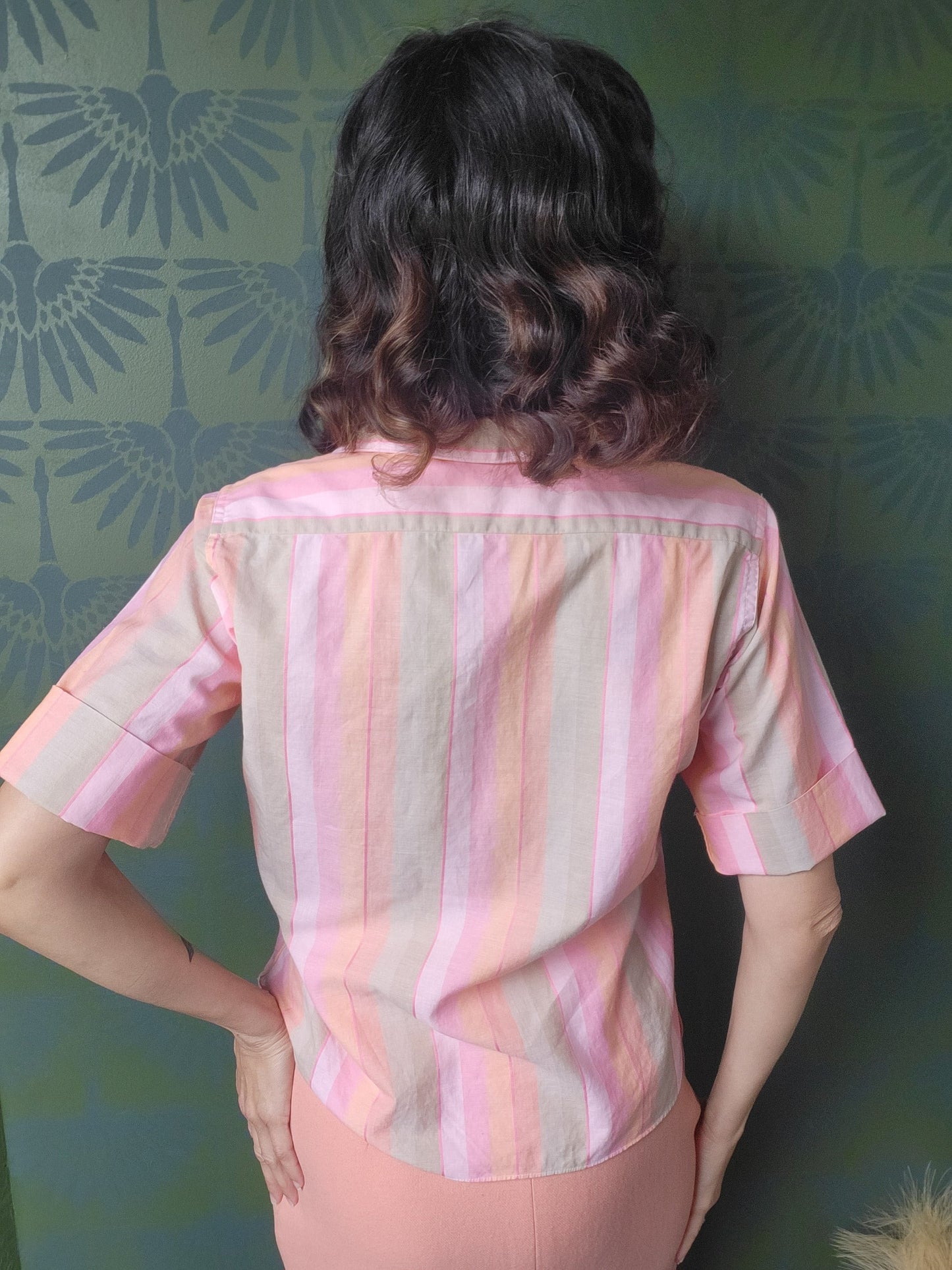 SOLD - Vintage 1950's-1960's Blousemaker by Arrow Striped Cotton Blouse - Pink/Peach