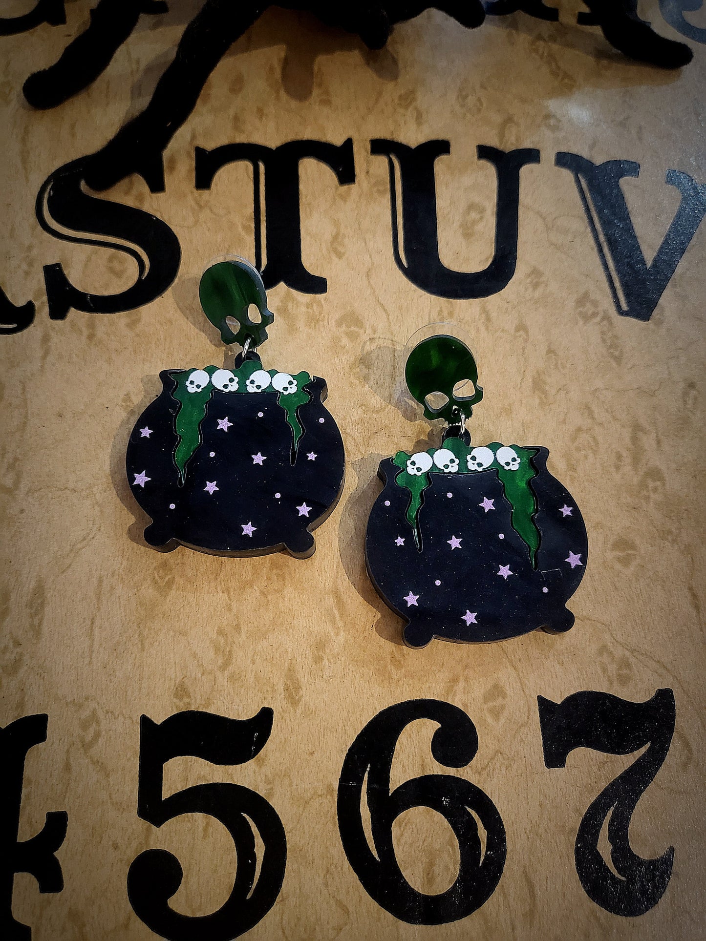 Acrylic Poison Magic Cauldron Skull Post Earrings (Pierced)