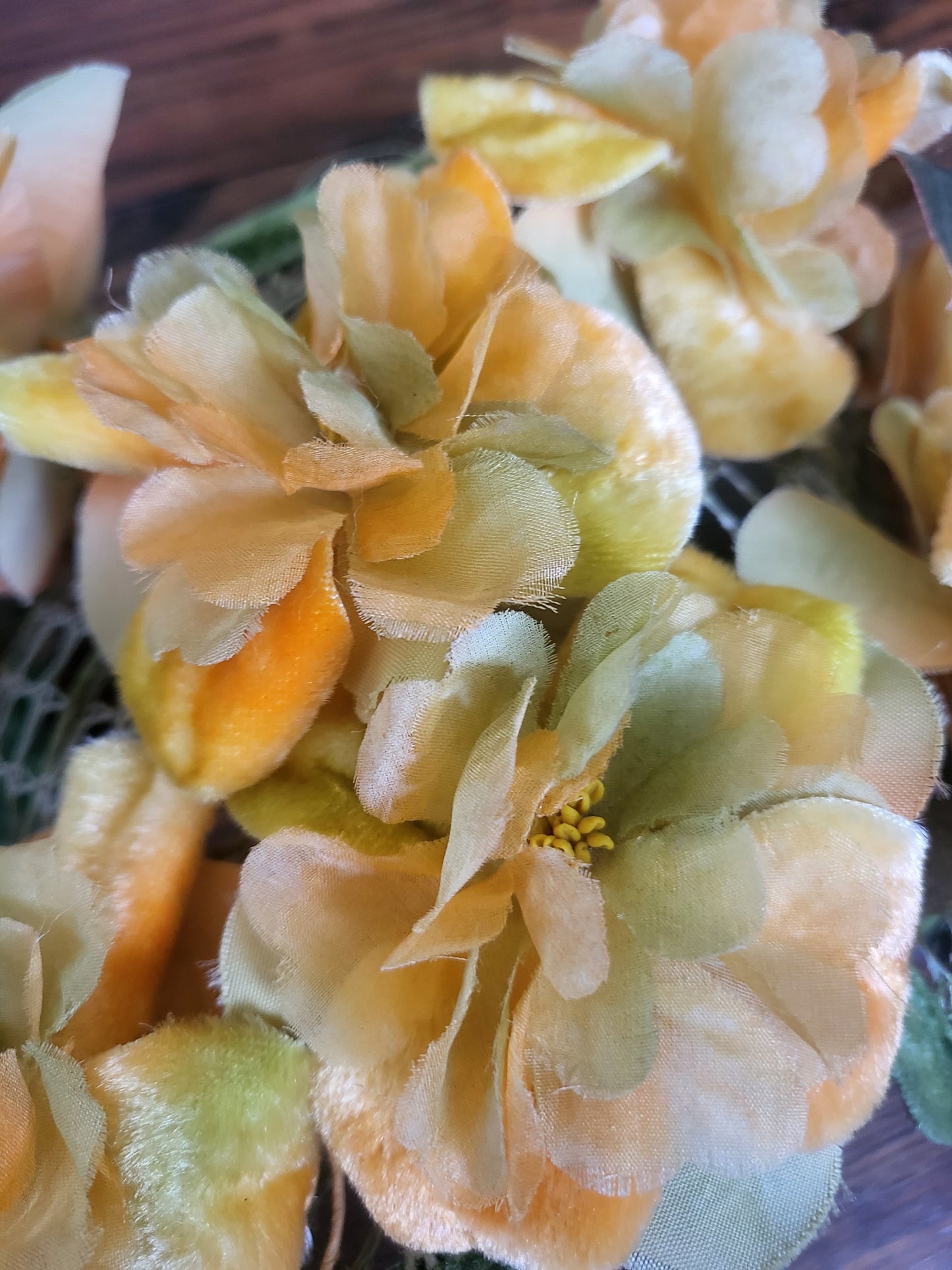 HAT17 - Vintage 1950s-1960s Orange and Yellow Floral Crescent Topper with Leaf Accents