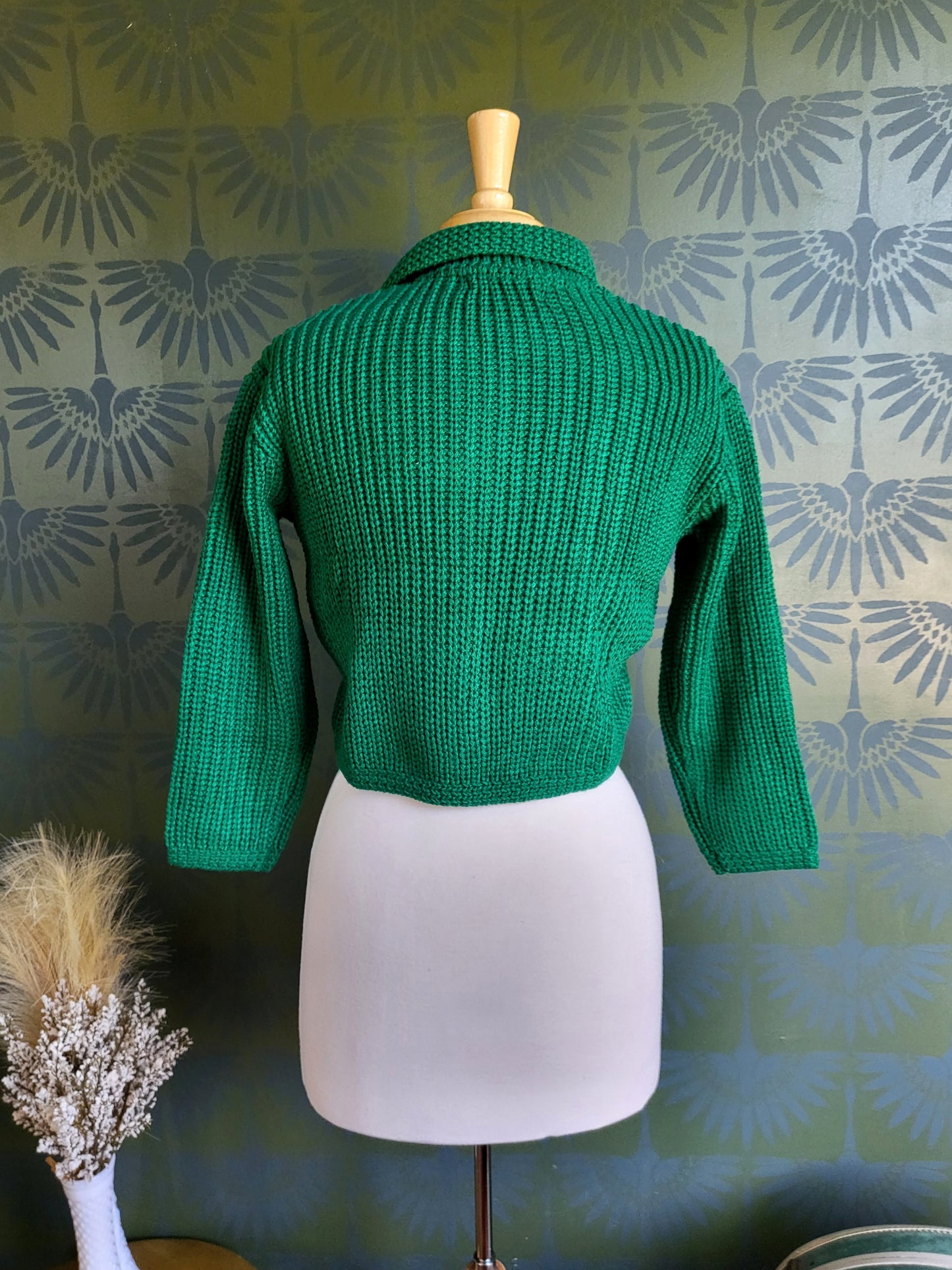 STYLE 5011 - Knit Cropped Collared Cardigan Sweater (Emerald)