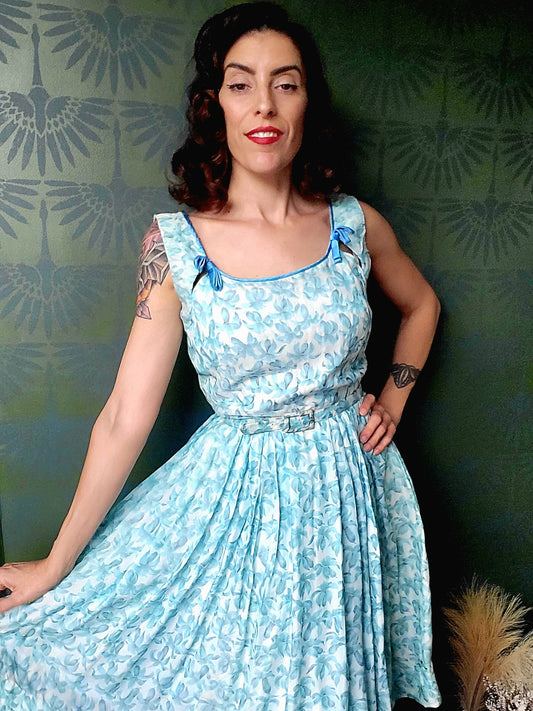 SOLD - Vintage 1950's Robbin Egg Blue Floral Full Skirt Dress With Sky Blue Ribbon Detail