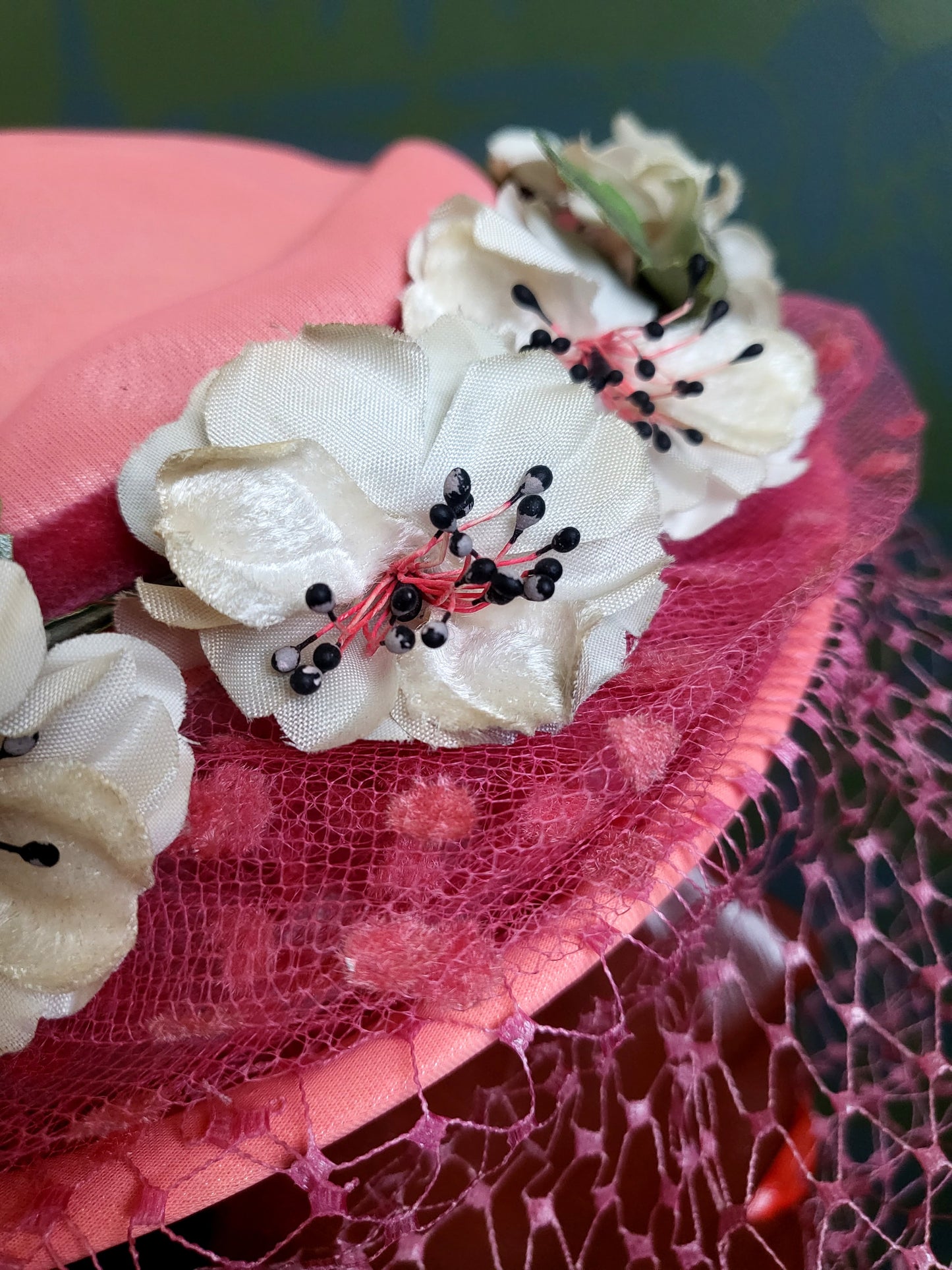 SOLD - Vintage 1950's Pink Fabric and Flower Circle Topper with Birdcage Veil