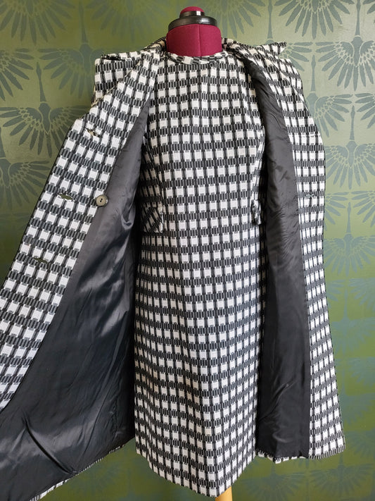 SOLD - Vintage 1960's Black and White Check Shift Dress with Coordinating Coat