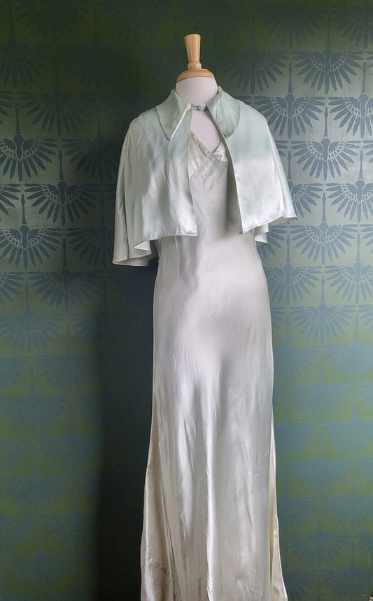 SOLD - Vintage 1970's Silver Mint Satin Slip Gown with Capelet