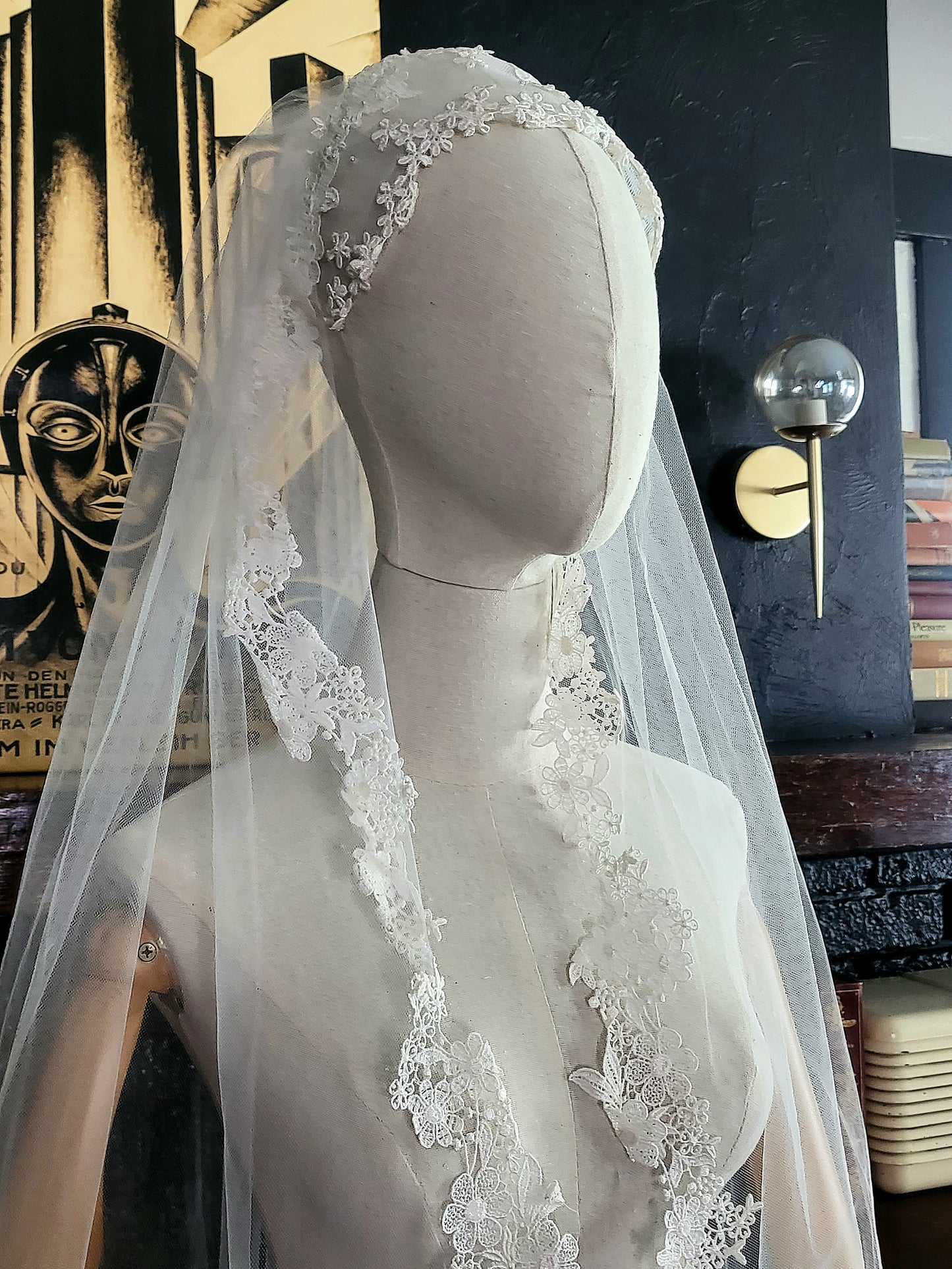 SOLD - Vintage White Lace on Tulle Long Veil