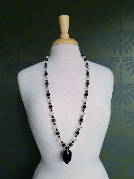 Vintage Faux Crystal Chandelier Beaded Necklace- Clear and Black