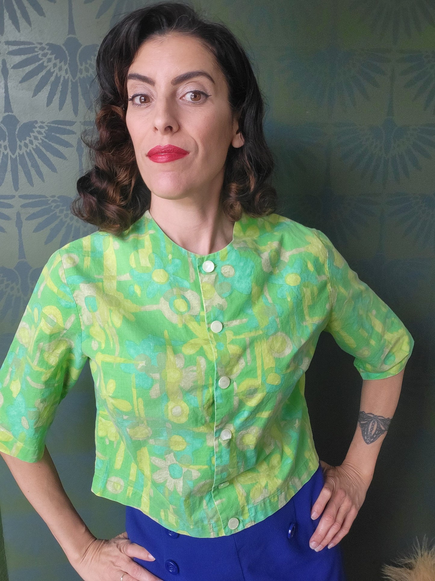 SOLD - Vintage 1950's-1960's Abstract Flower Blouse - Green