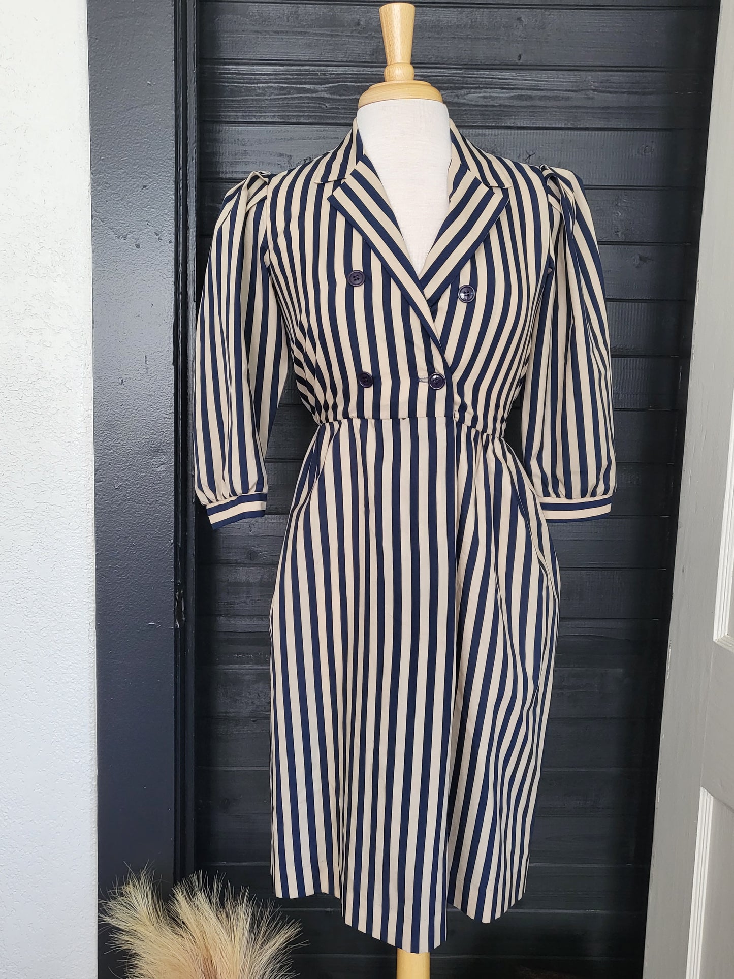 SOLD- Vintage 1980's Act I Petites of New York Puff Sleeve Striped A-Line Dress