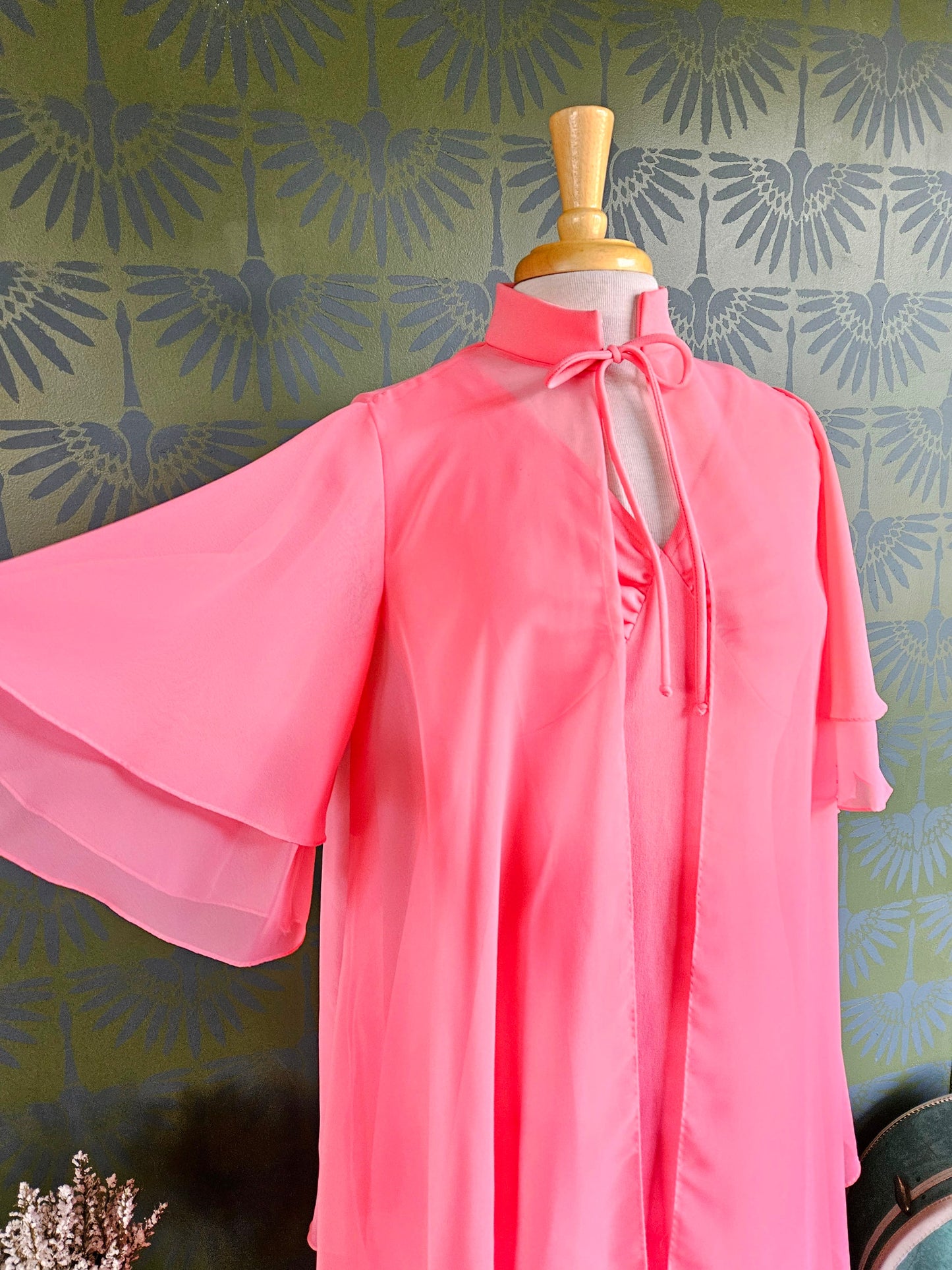 STYLE 1041 - Vintage 1970's "Changes" Pink Maxi Dress with Matching Pink Chiffon Cape