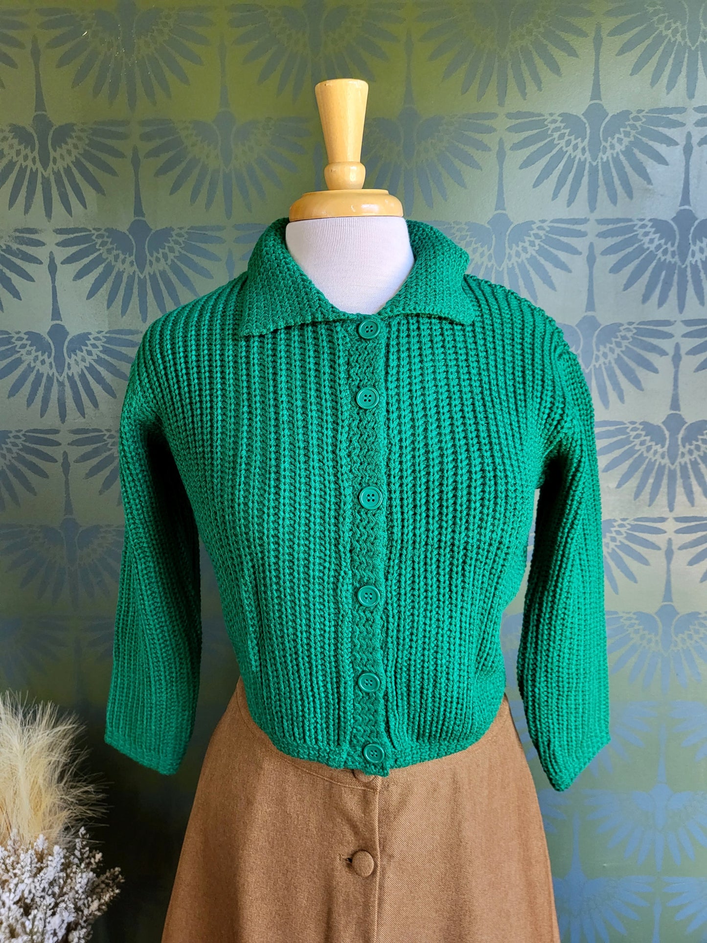 STYLE 5011 - Knit Cropped Collared Cardigan Sweater (Emerald)