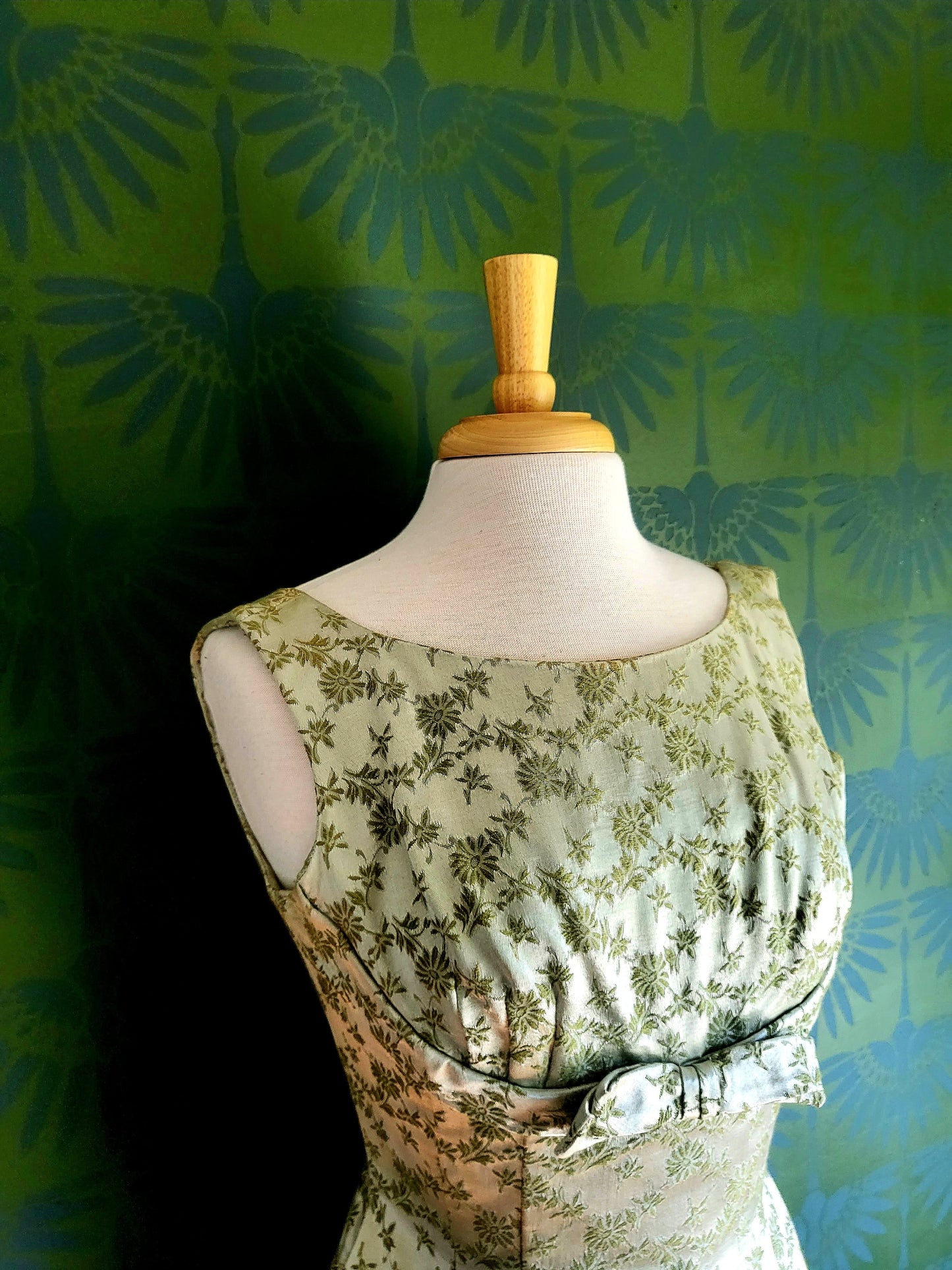 Vintage 1950's-1960's Carol Craig Sage Green Brocade Wiggle Dress with Bolero