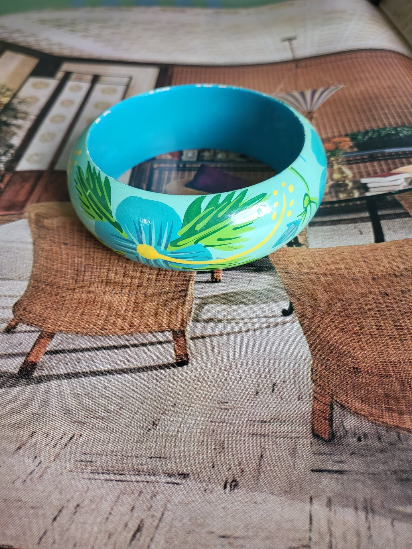 SOLD - Vintage Hand Painted Tropical Flower Wooden Bangle