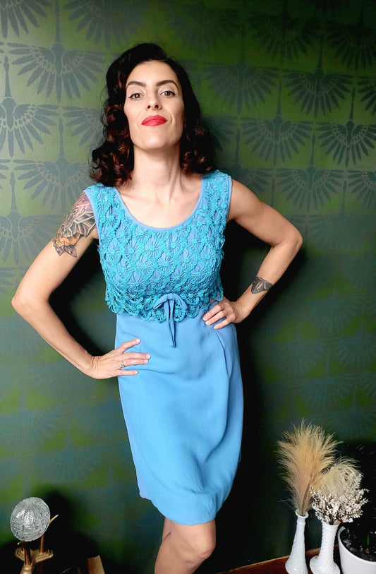 SOLD - Vintage 1960's Sky Blue with Teal Crocheted Bodice Shift Dress