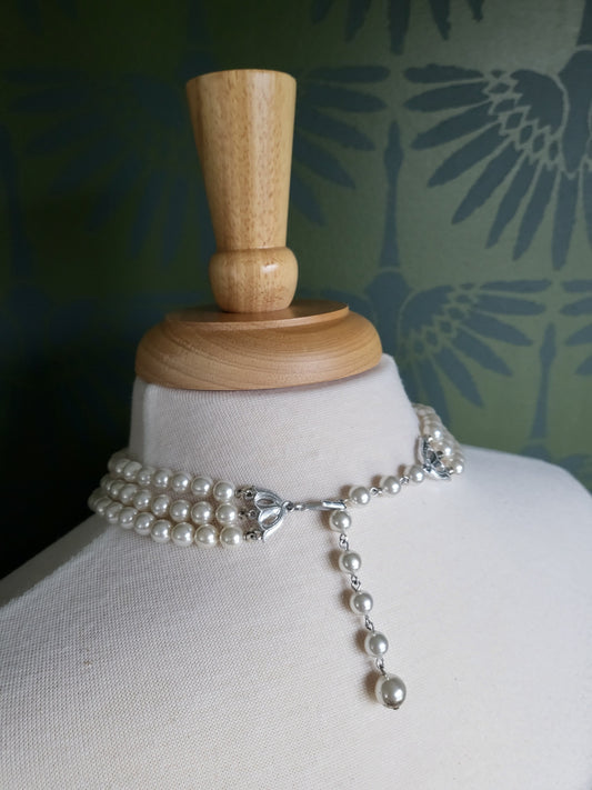 SOLD - Vintage Faux Pearl Triple Strand Necklace - Ivory