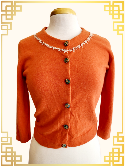 SOLD - Vintage Lady Anne Cardigan-Orange with Floral Fabric Wrapped Buttons