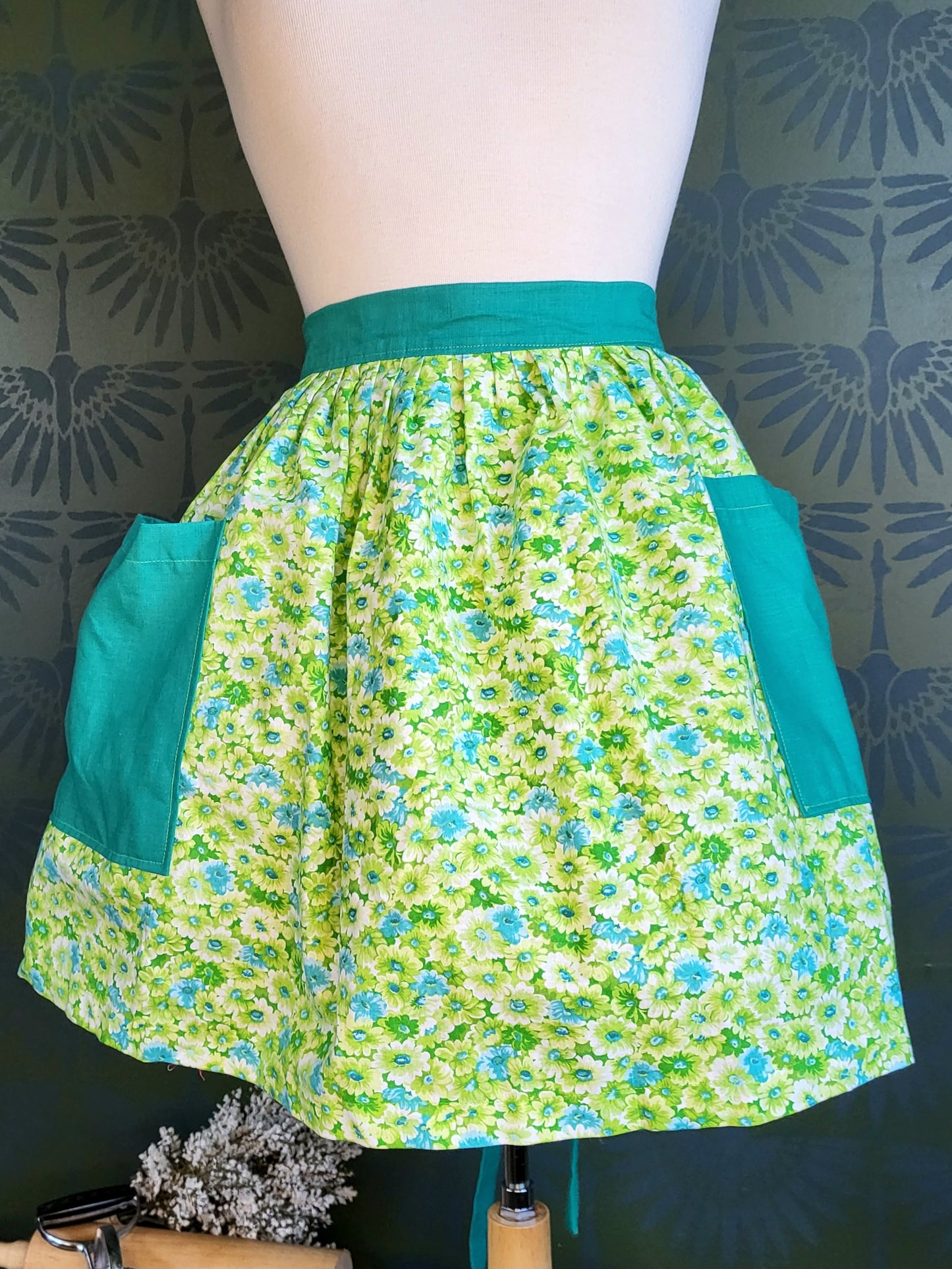 Apron 01Rep - Teal & Green Floral Half Apron