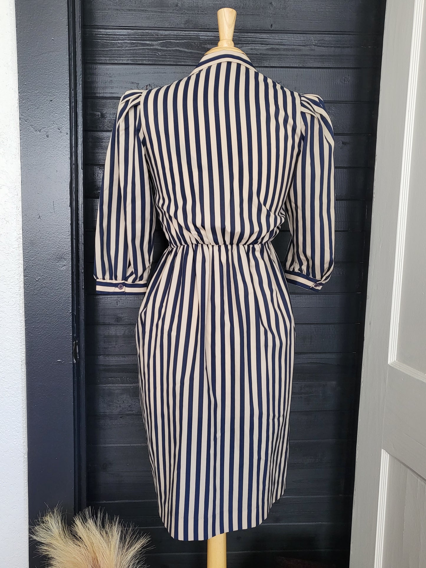 SOLD- Vintage 1980's Act I Petites of New York Puff Sleeve Striped A-Line Dress