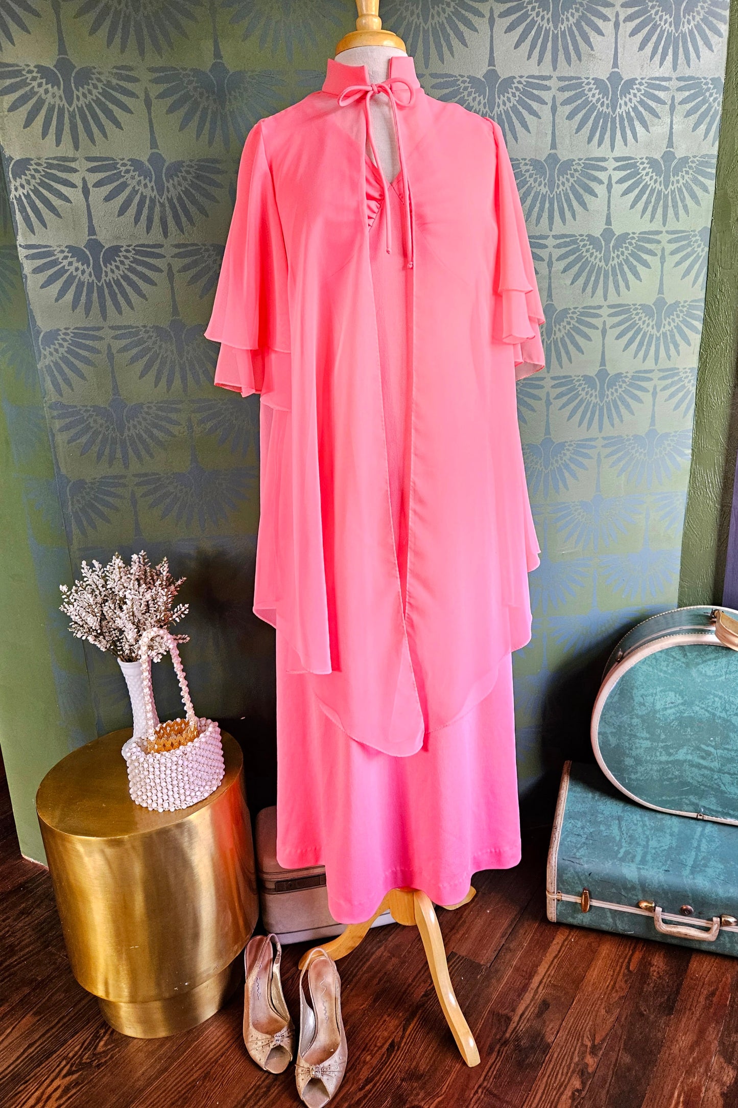 STYLE 1041 - Vintage 1970's "Changes" Pink Maxi Dress with Matching Pink Chiffon Cape