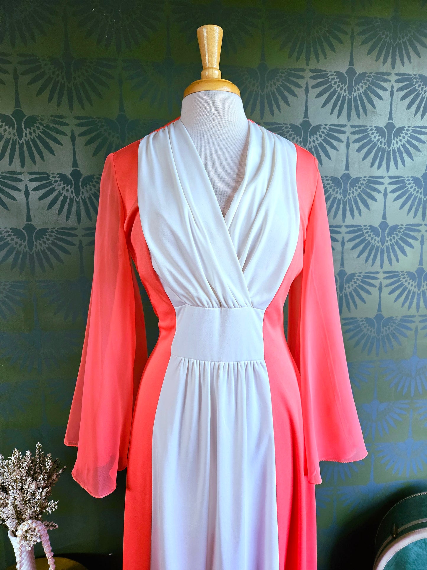 STYLE 1042 - Vintage 1970's "Sears Fashion" Peach and White Maxi Dress