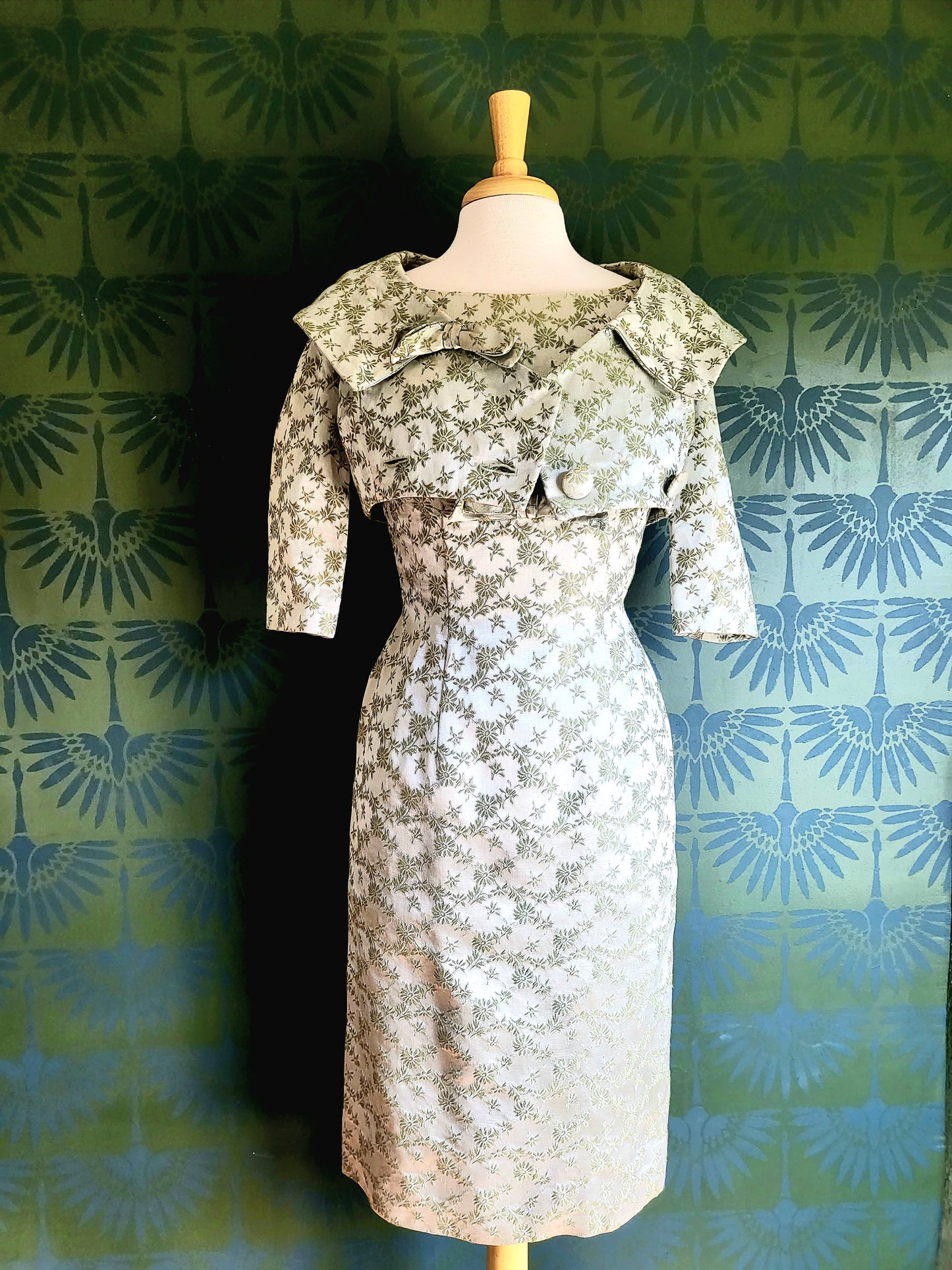 Vintage 1950's-1960's Carol Craig Sage Green Brocade Wiggle Dress with Bolero