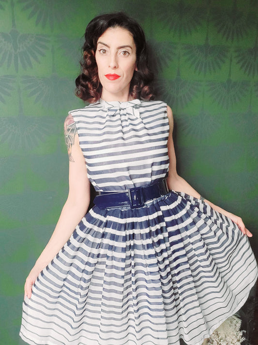 SOLD - Vintage Hartly Westwood Fashions Striped Full Skirt Dress -Navy/White