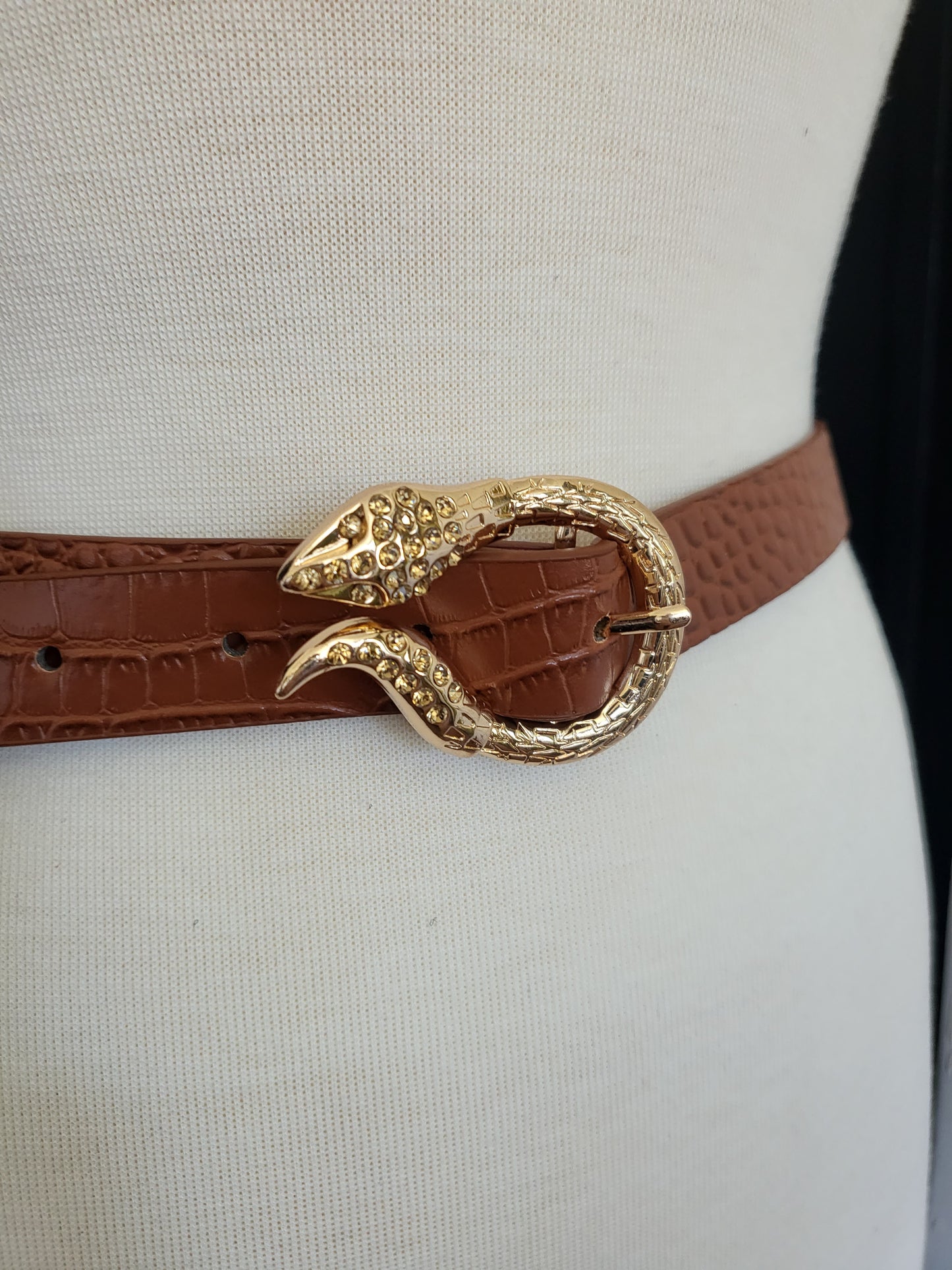 Faux Crocodile Belt with Snake Buckle-Saddle Brown