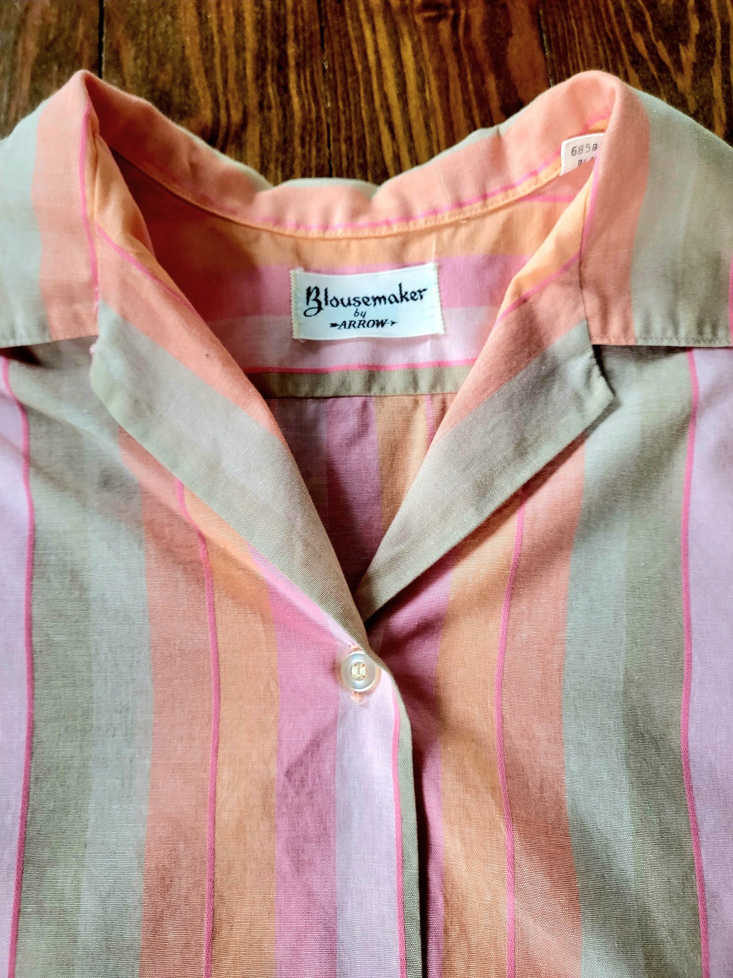 SOLD - Vintage 1950's-1960's Blousemaker by Arrow Striped Cotton Blouse - Pink/Peach