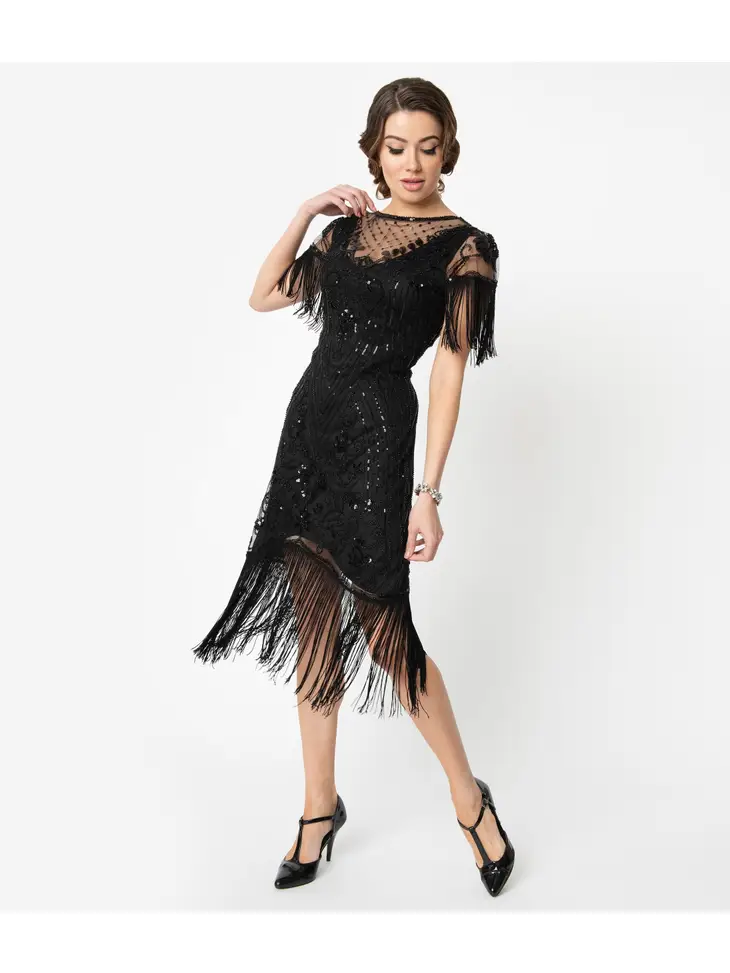 1920s Style Black Beaded Fringe Sleeve Nadine Flapper Dress