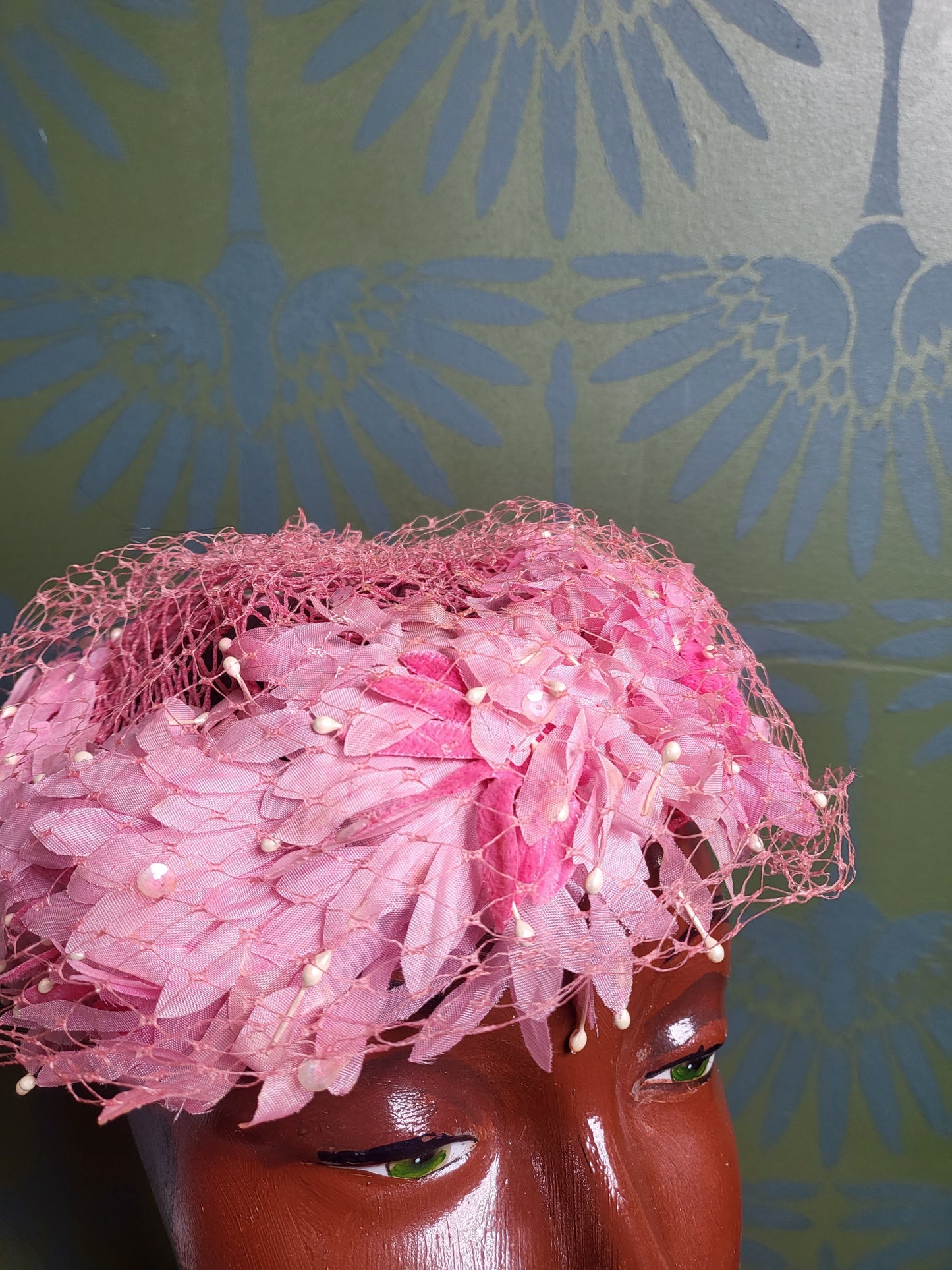 SOLD - Vintage 1950's-1960's Pink Petal Halo Cap with Birdcage Veil