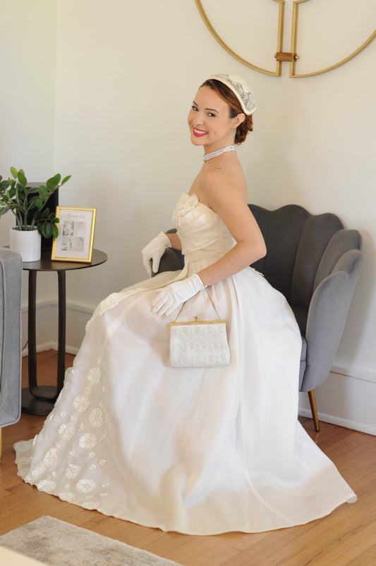 STYLE 1011 - Vintage 1950's Strapless Ivory Wedding Dress with Sequenced Lace Appliques