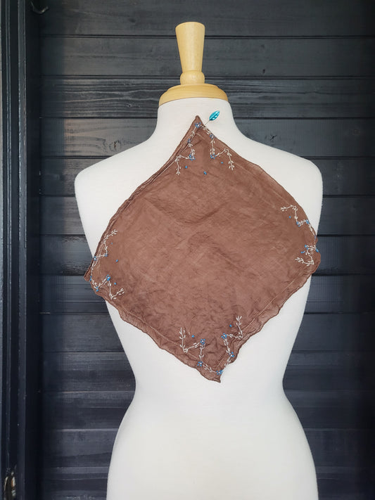 SOLD - Vintage Cotton Brown with Blue Flowers Square Handkerchief